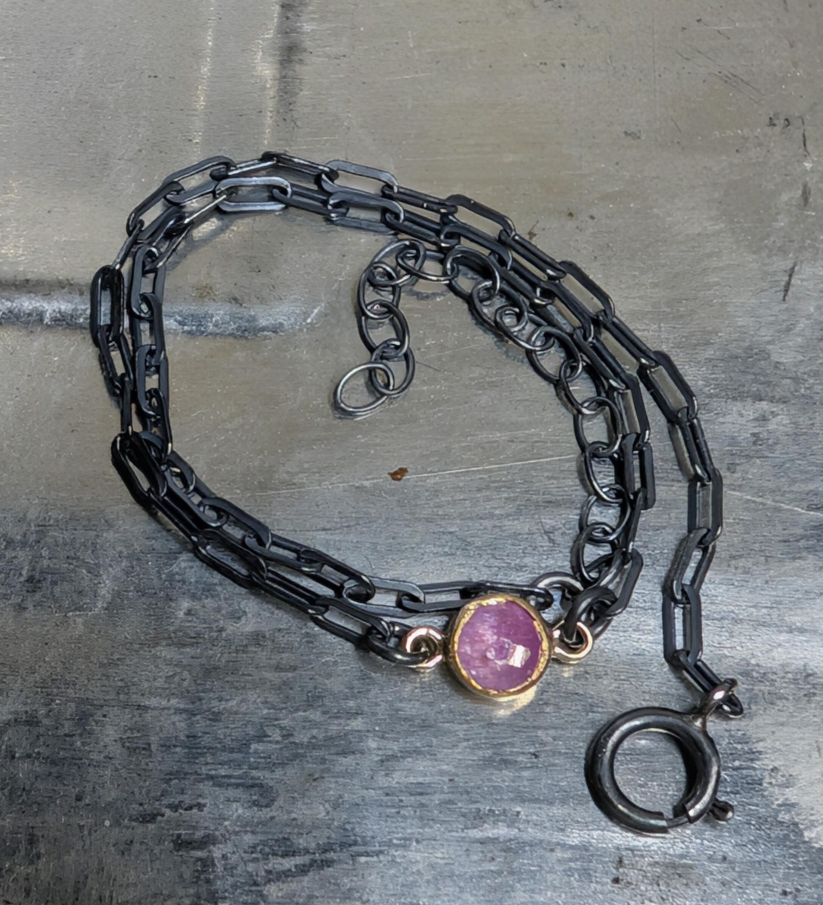 Ruby Bracelet in Oxidized Sterling Silver Paperclip chain with a Gold Vermeil Bezel : July Birthstone