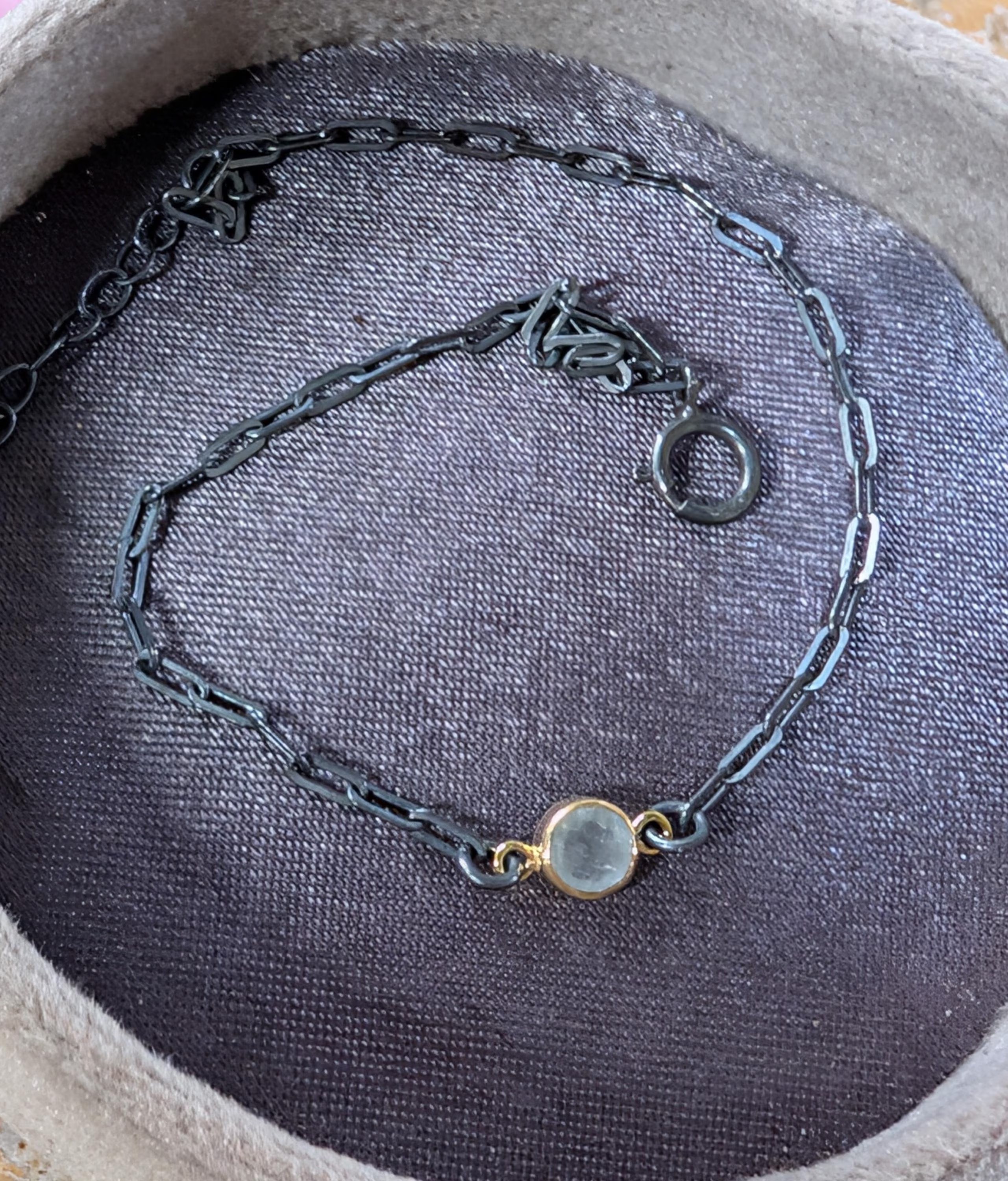 Aquamarine Bracelet in Oxidized Sterling Silver Paperclip chain with a Gold Vermeil Bezel : March Birthstone