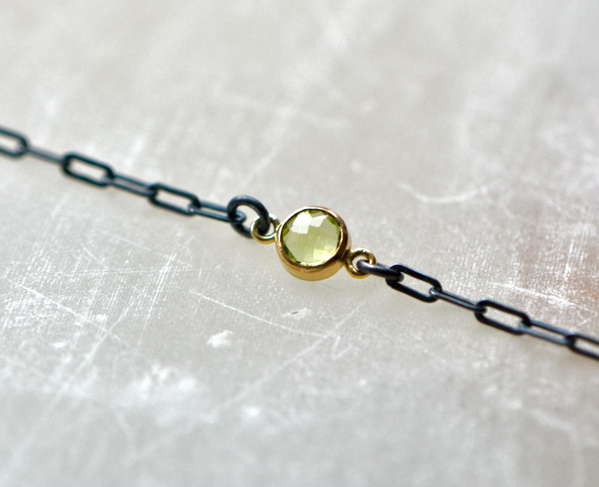Peridot Bracelet in Oxidized Sterling Silver Paperclip chain with a Gold Vermeil Bezel : August Birthstone