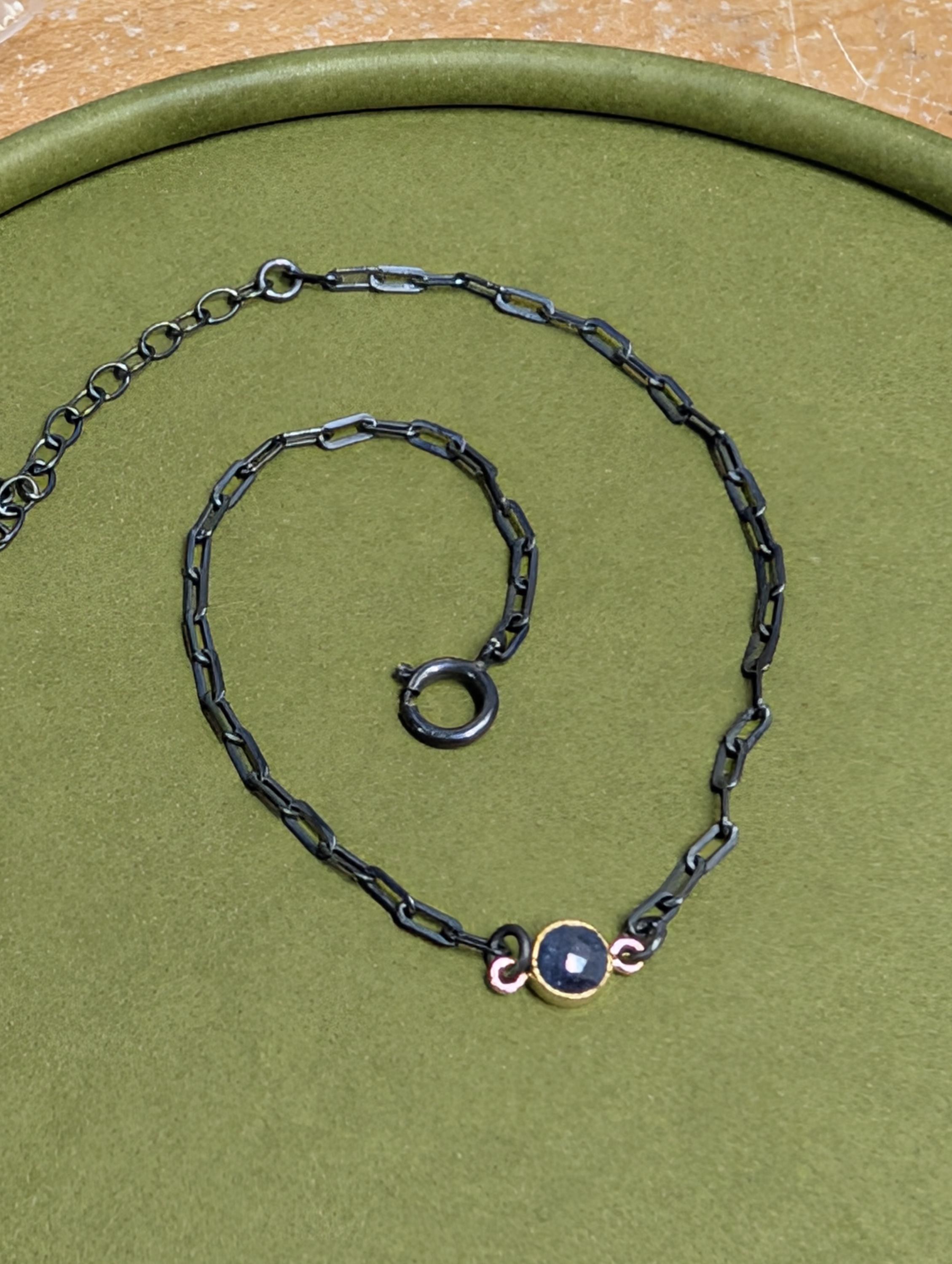 Sapphire Bracelet in Oxidized Sterling Silver Paperclip chain with a Gold Vermeil Bezel : September Birthstone