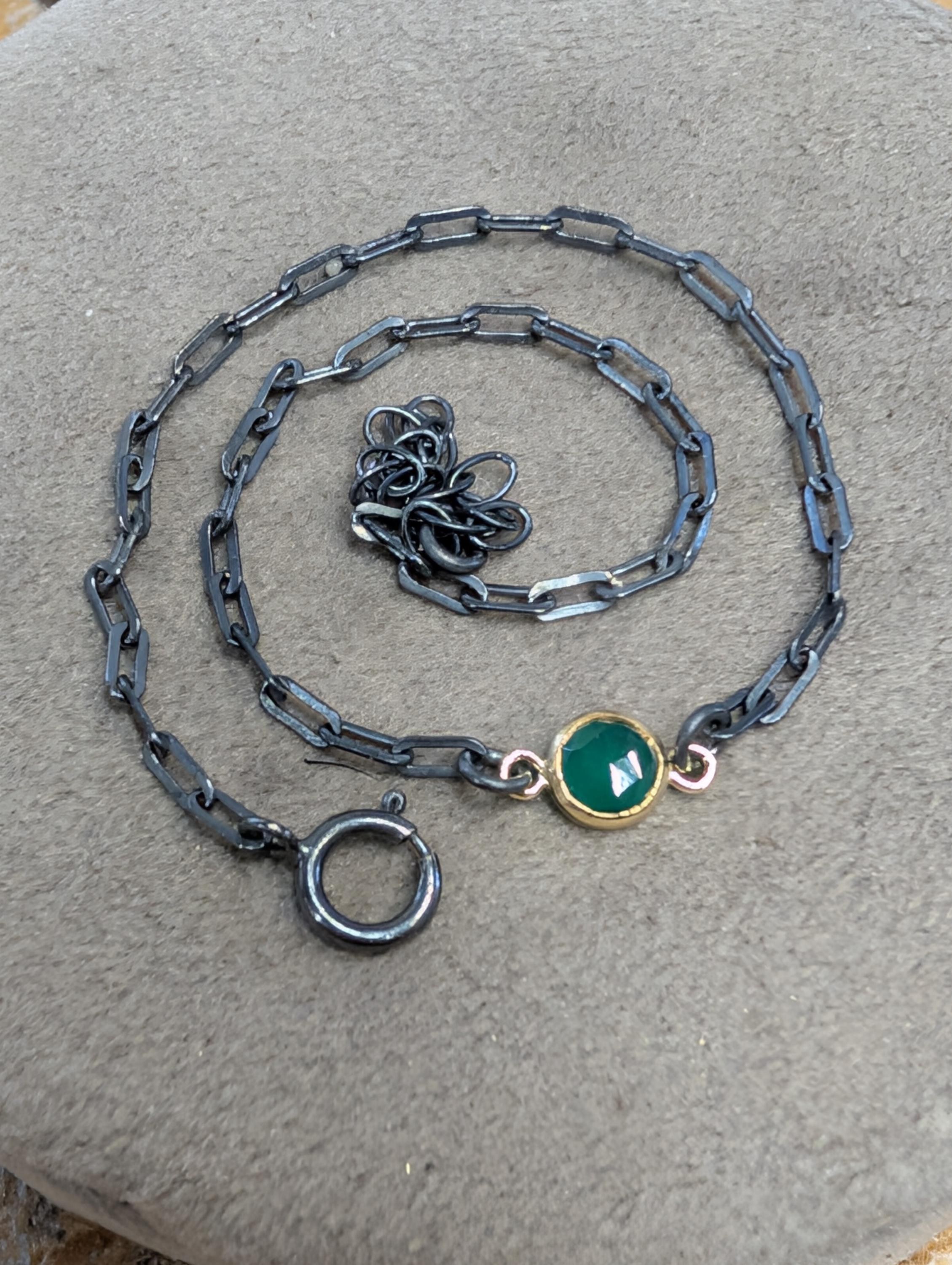 Green Onyx Bracelet in Oxidized Sterling Silver Paperclip chain with a Gold Vermeil Bezel : May Birthstone