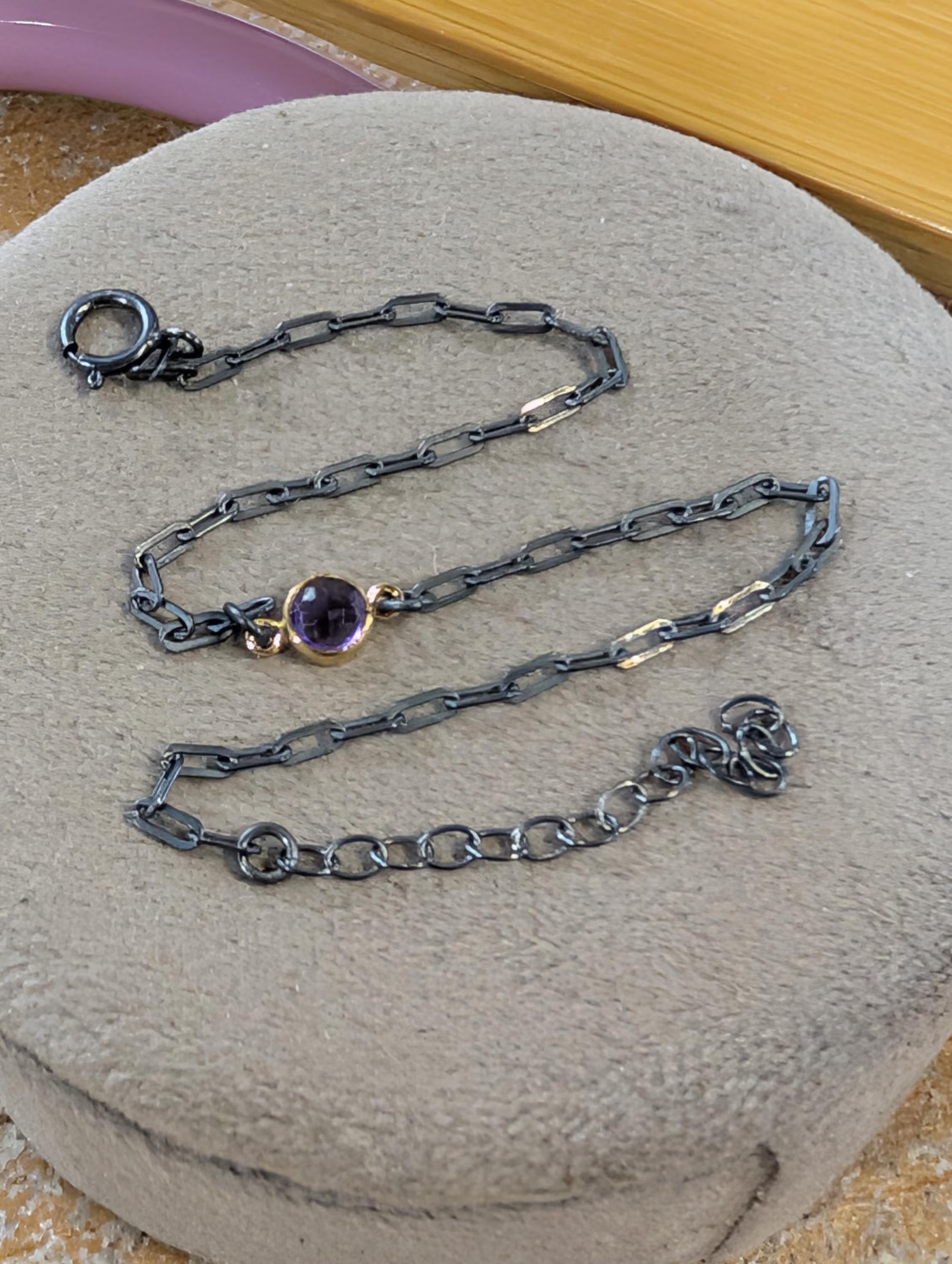 Amethyst Bracelet in Oxidized Sterling Silver Paperclip chain with a Gold Vermeil Bezel : February Birthstone Jewelry