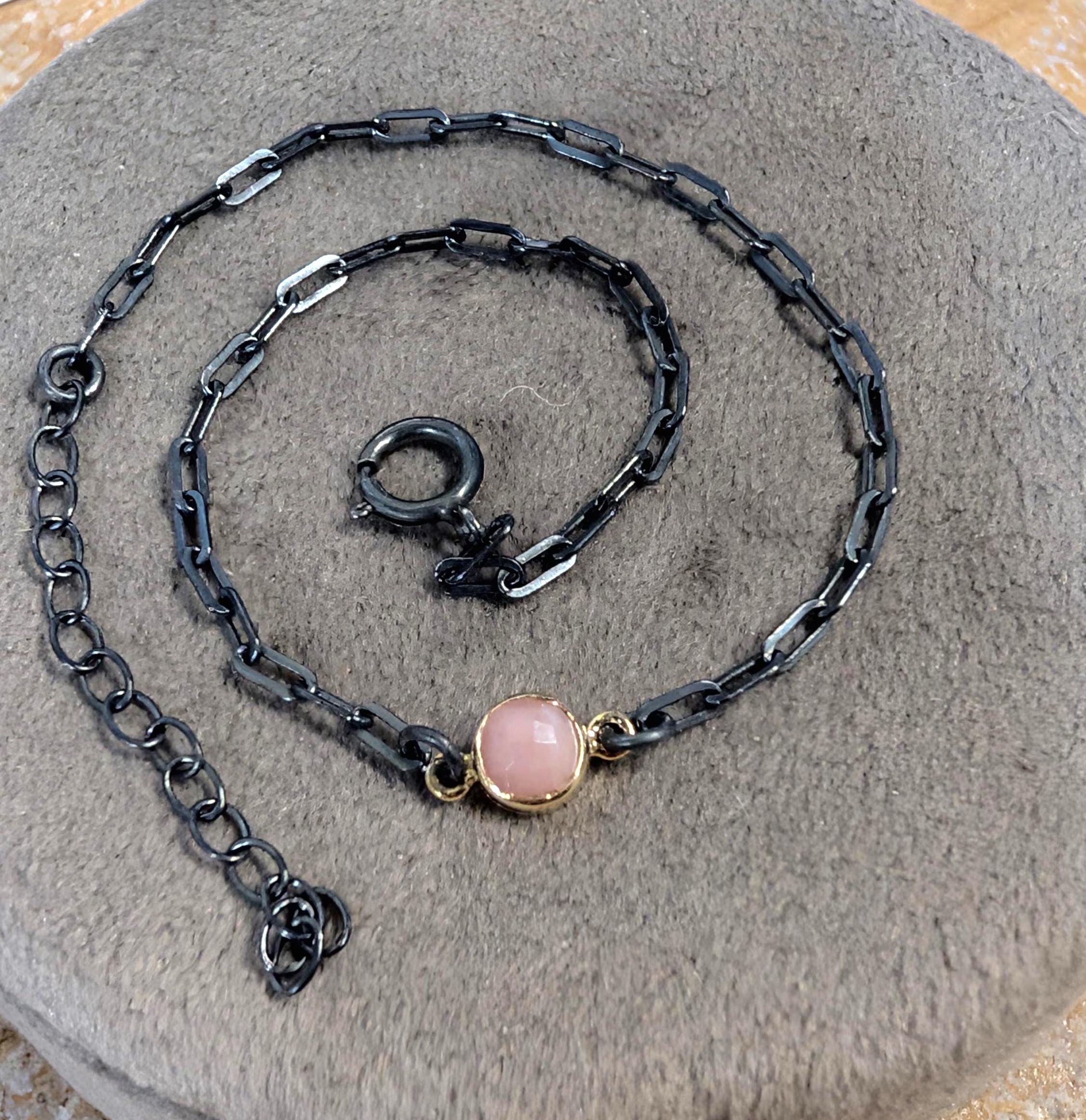Pink Opal Bracelet in Oxidized Sterling Silver Paperclip chain with a Gold Vermeil Bezel : October Birthstone Jewelry