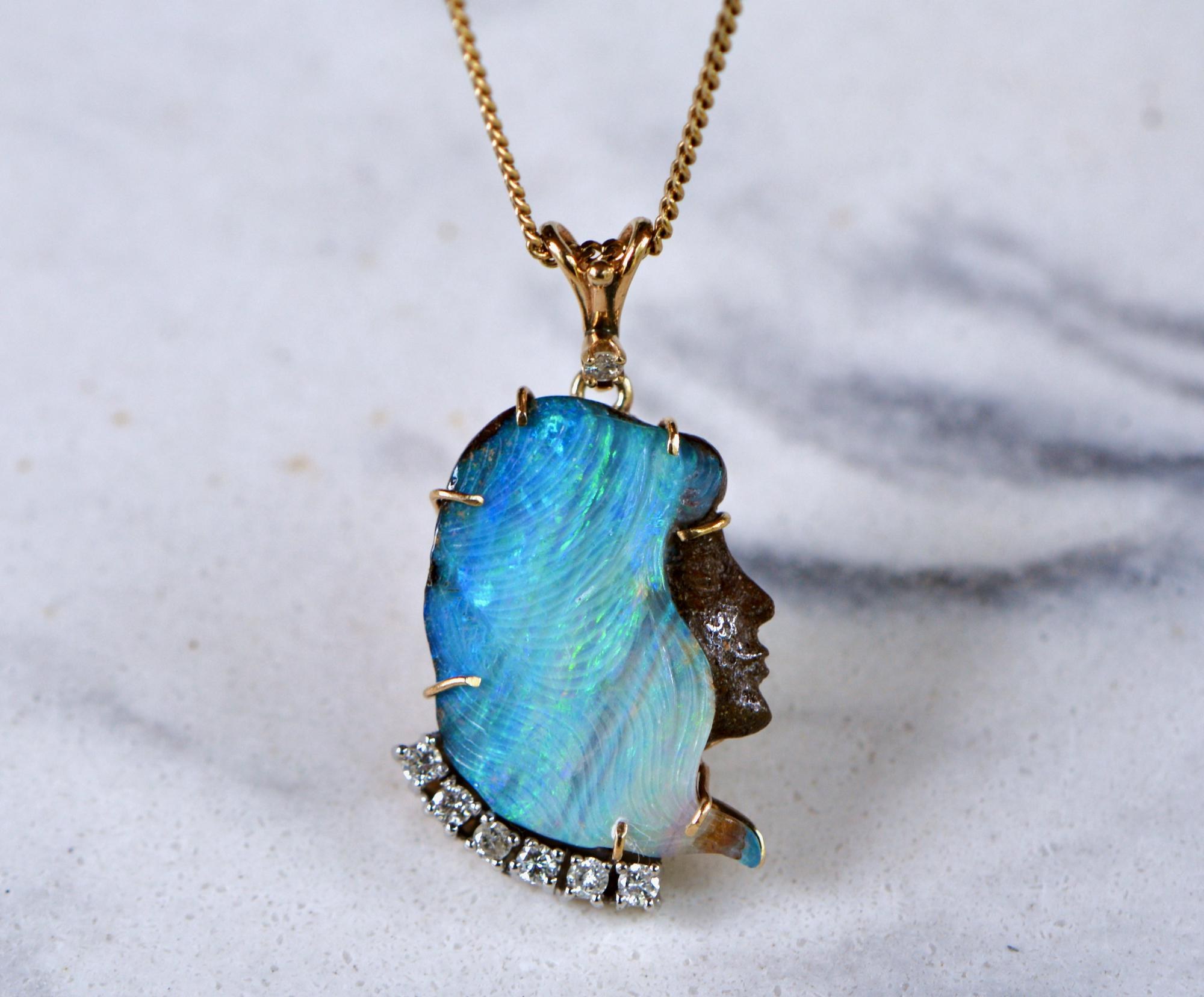 Vintage Boulder Opal & Diamond 14k Gold Statement Pendant Necklace : October Birthstone