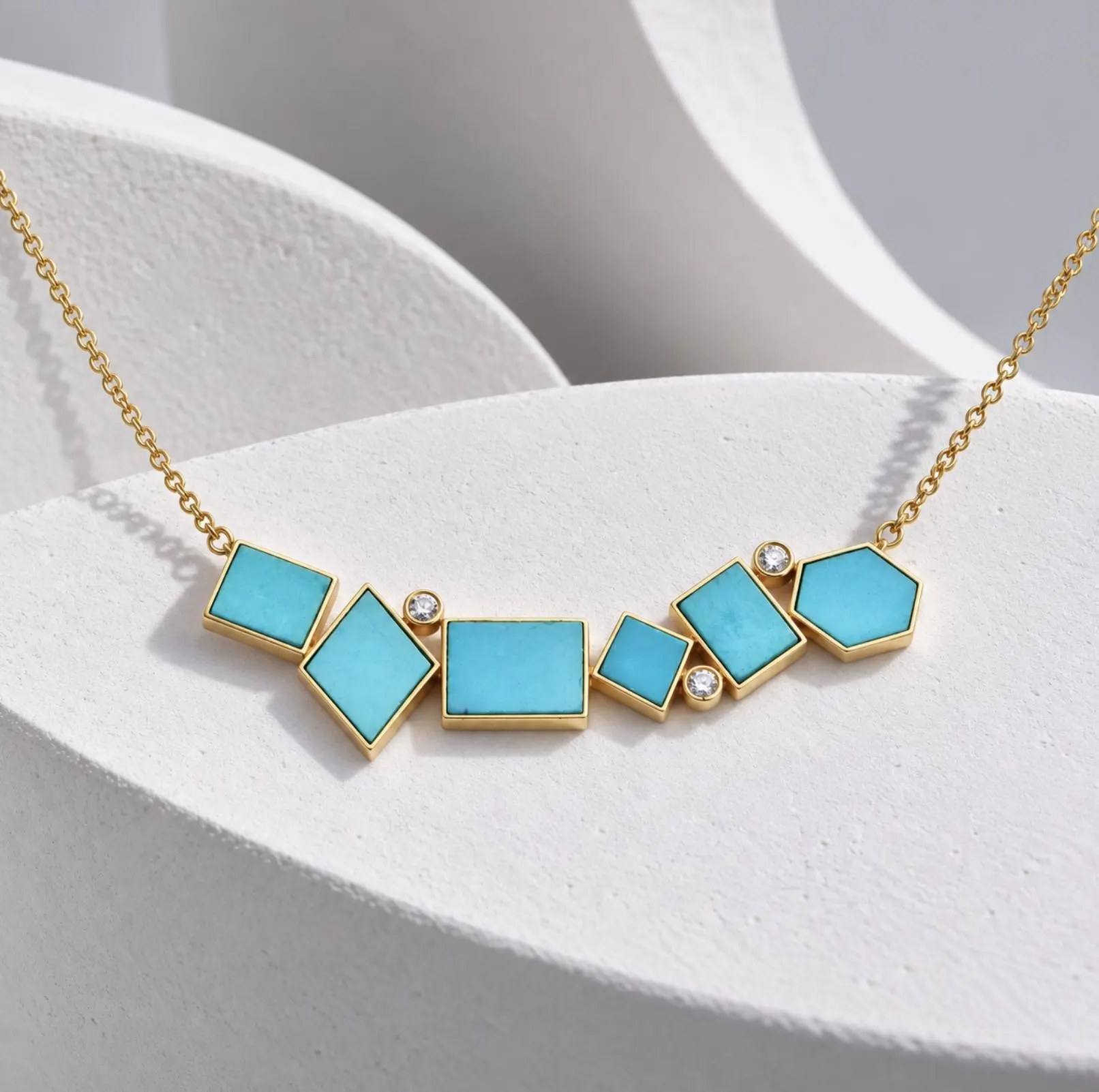 Turquoise & Diamond Asymmetrical Statement Necklace Solid 14k Gold: December Birthstone Jewelry
