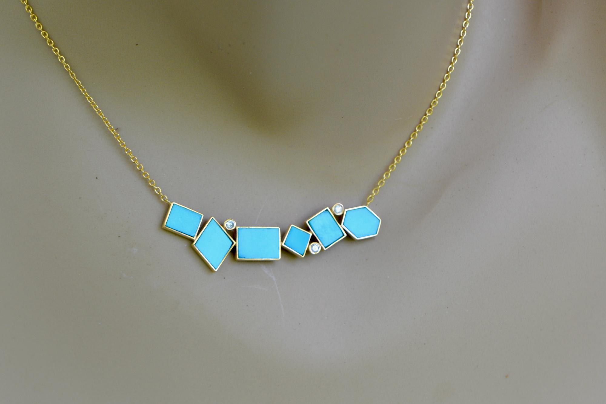 Turquoise & Diamond Asymmetrical Statement Necklace Solid 14k Gold: December Birthstone Jewelry