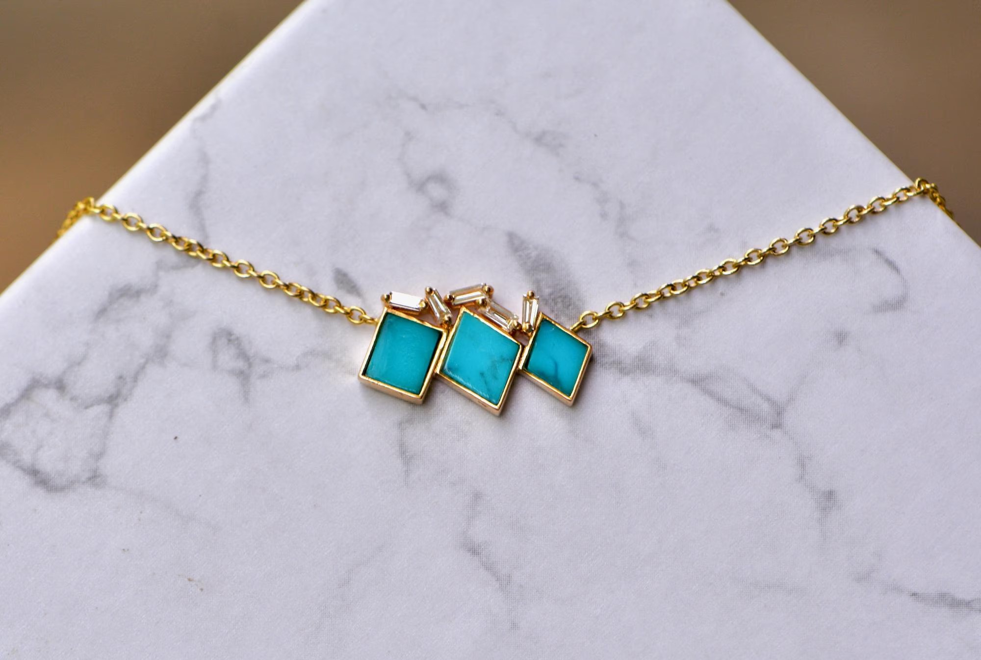 Turquoise & Diamond Asymmetrical Statement Necklace Solid 14k Gold: December Birthstone Jewelry