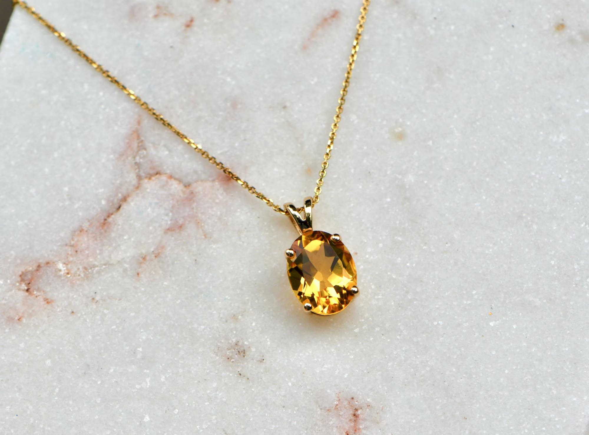 Citrine Oval Necklace Solid 14k Gold : November Birthstone Pendant