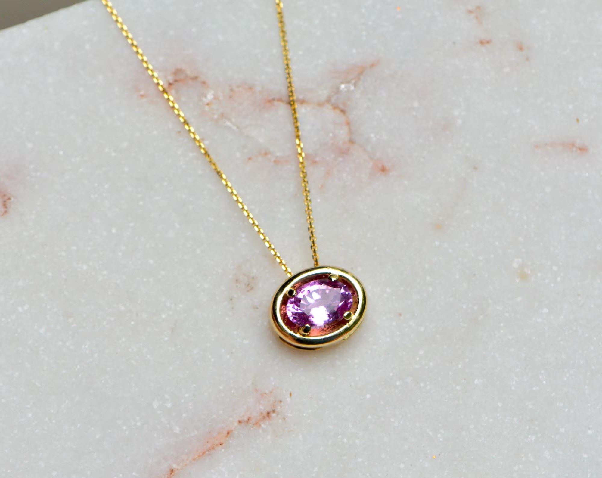 Pink Sapphire Ceylon Oval Slide Necklace 14k Gold : September Birthstone Jewelry