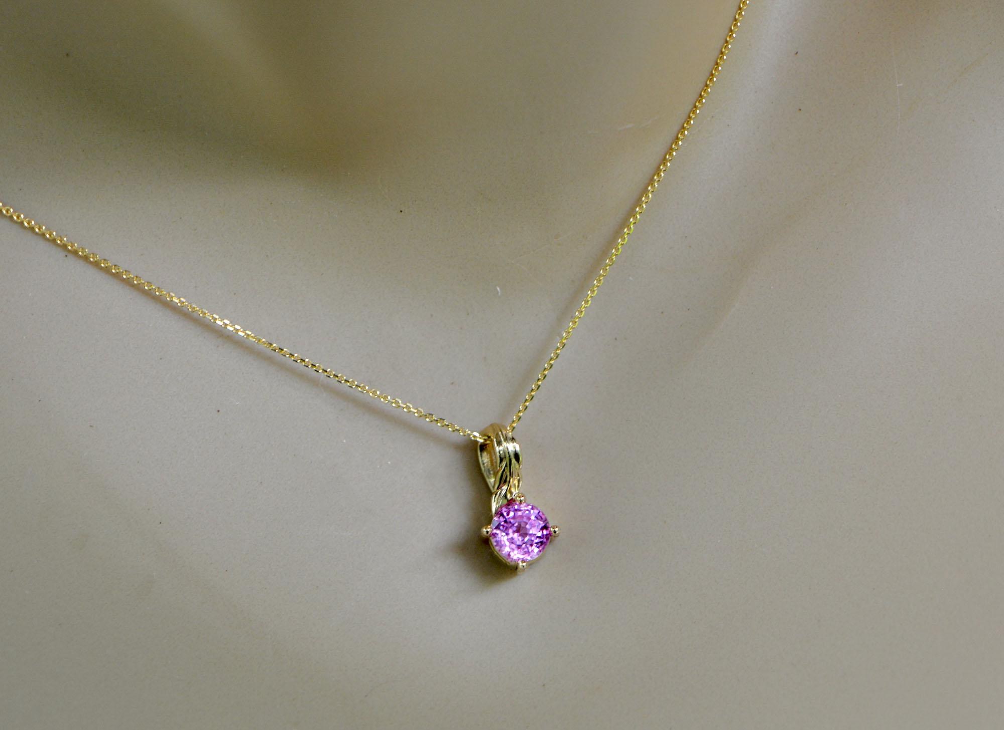Pink Sapphire Round Leaf Pendant 14k Gold : September Birthstone Necklace
