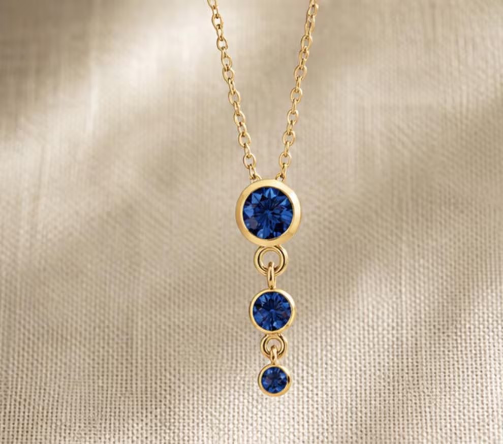 Sapphire 3 stone Slide Necklace Solid 14k Gold : September Birthstone Jewelry