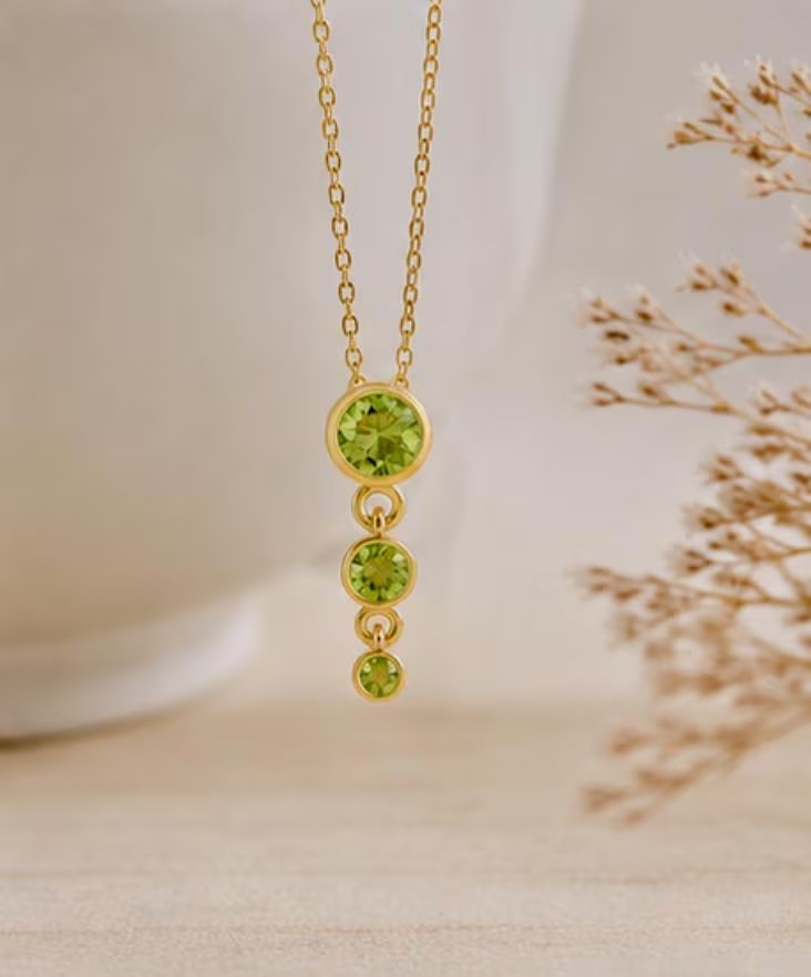 Peridot 3 Stone Slide Necklace Solid 14k Gold : August Birthstone Jewelry
