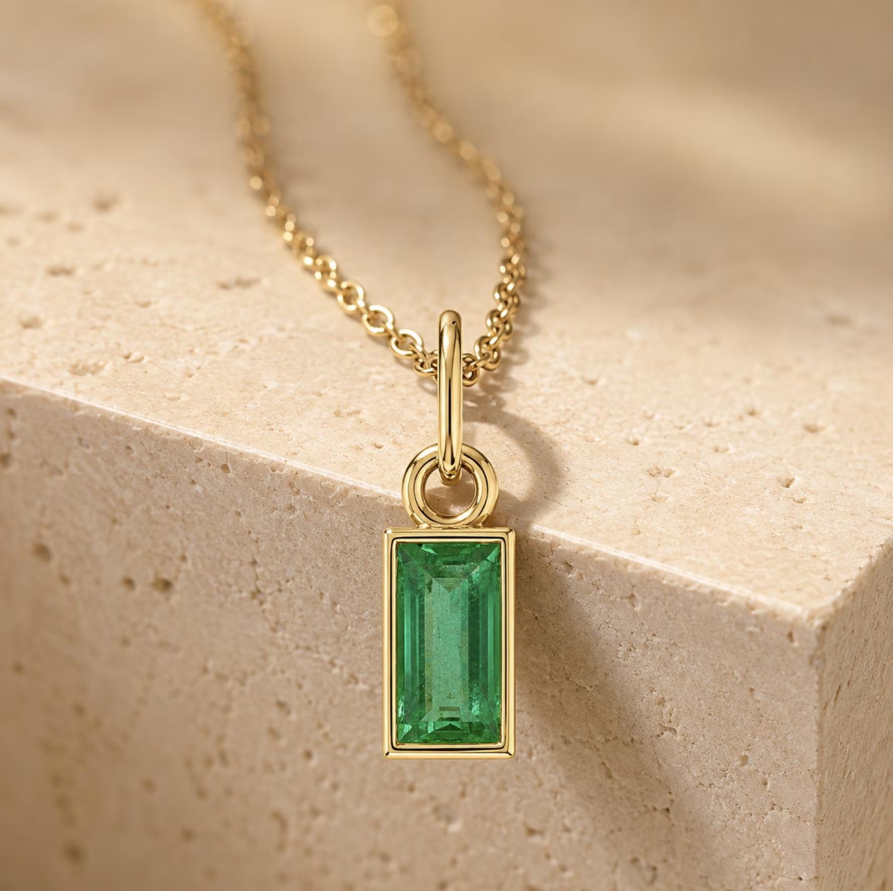 Emerald Baguette Necklace Solid 14k Gold : May Birthstone Jewelry