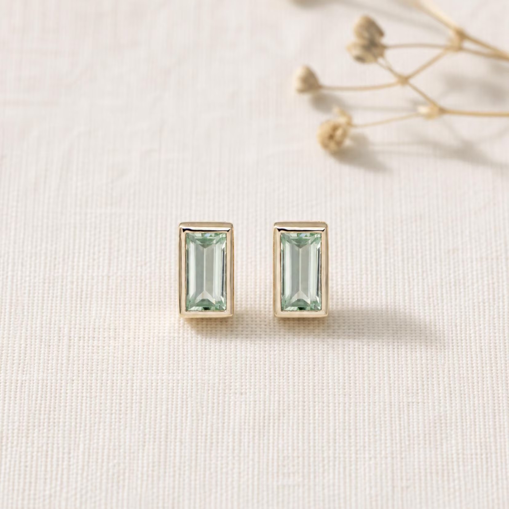 Lab Mint Green Sapphire Baguette Solid 14k Gold Minimalist Stud Earrings