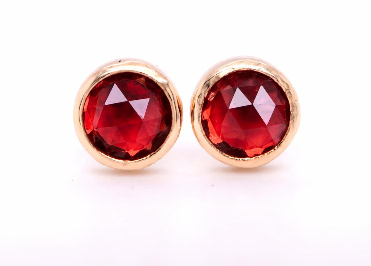 Mozambique Garnet Round Bezel Stud Earrings Solid 14kt Gold : January Birthstone Jewelry