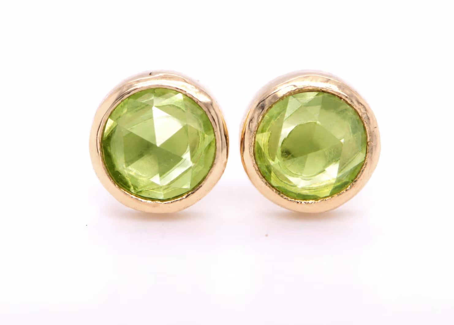 Peridot Rosecut Round Bezel Stud Earrings Solid 14kt Gold : August Birthstone Jewelry