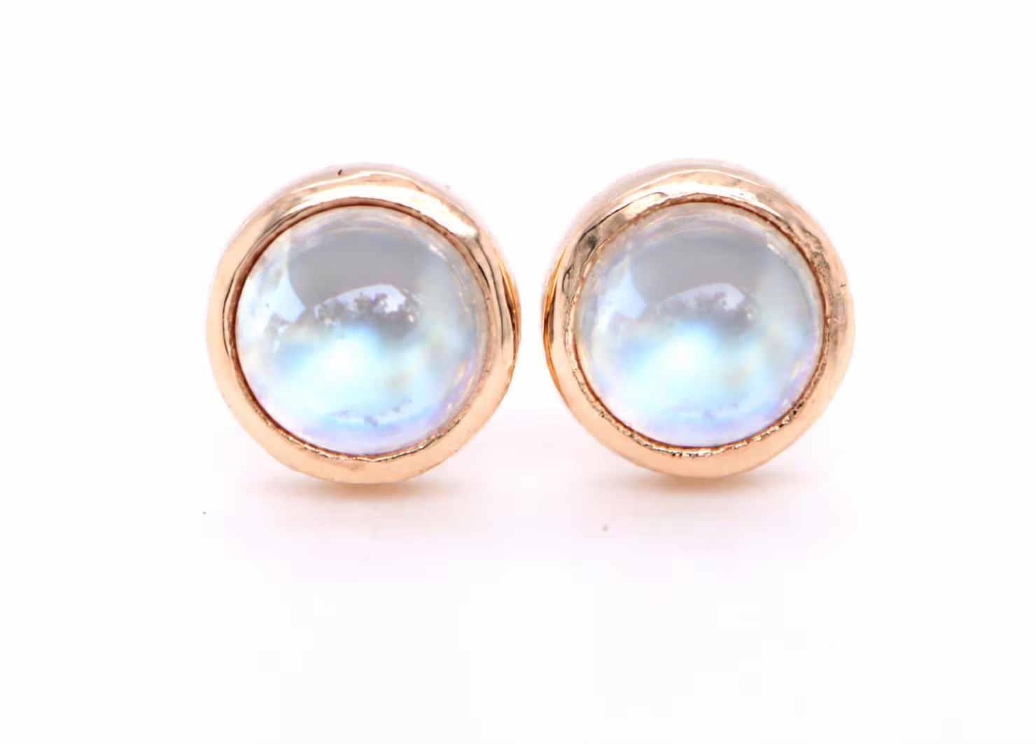Moonstone Round Bezel Stud Earrings Solid 14kt Gold : June Birthstone Jewelry
