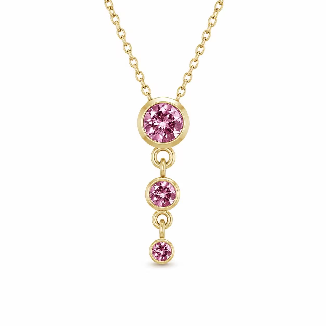 Natural Pink Tourmaline 3 Stone Slide Necklace Solid 14k Gold : October Birthstone Jewelry