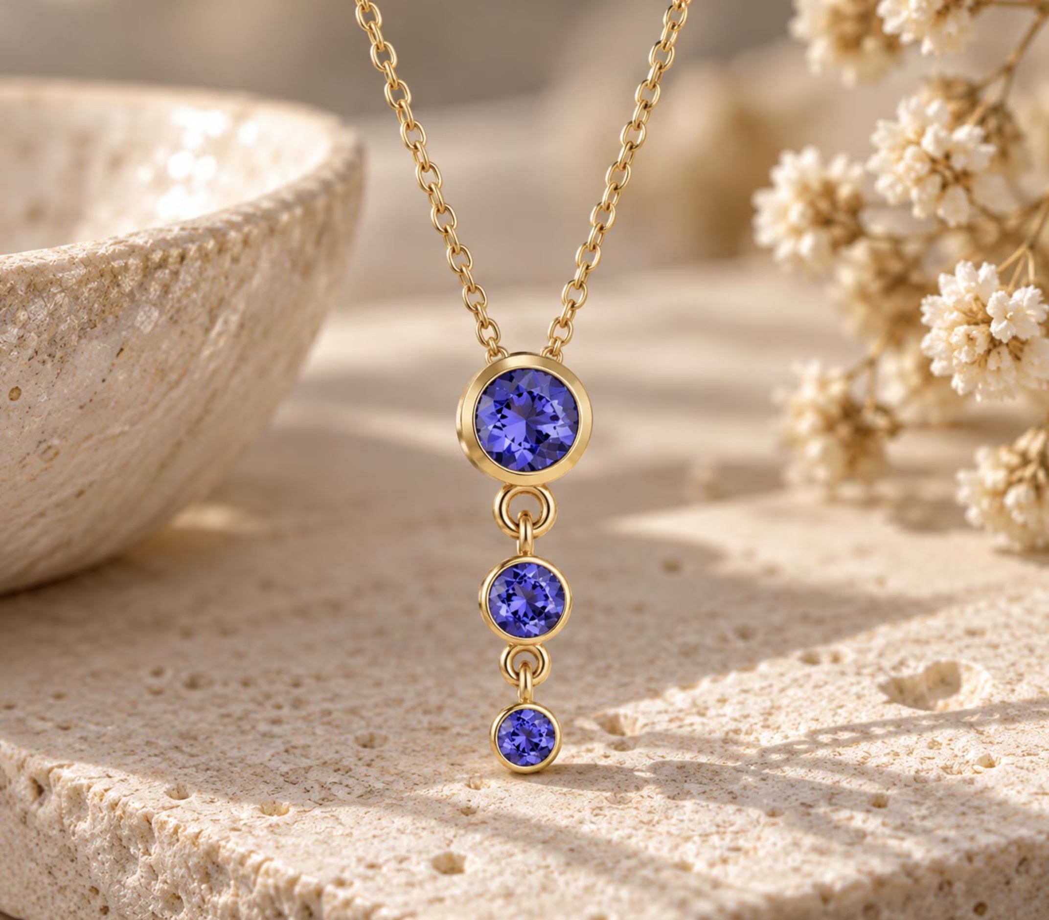 Tanzanite 3 Stone Slide Necklace Solid 14k Gold : December Birthstone Jewelry