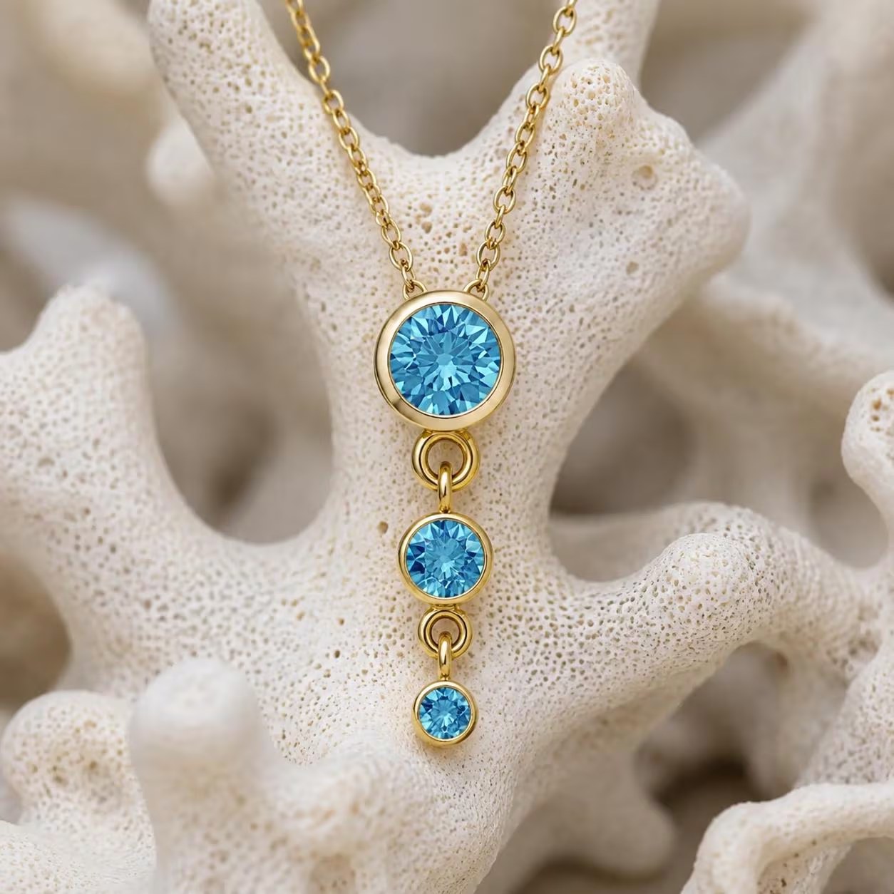 Blue Zircon Cascade Slide Necklace Solid 14k Gold : December Birthstone Jewelry