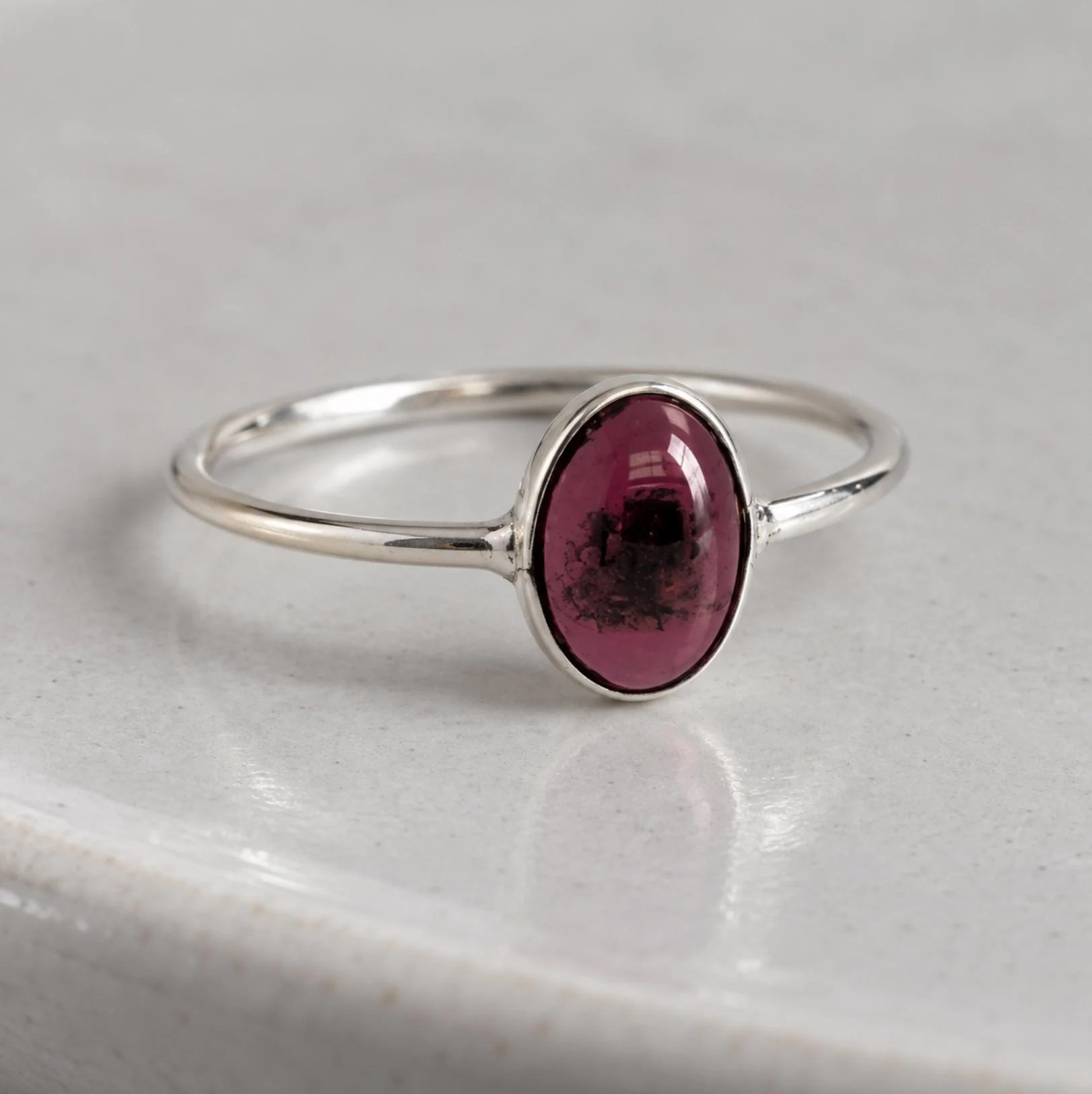 Red Garnet Oval Cabochon Sterling Silver Ring : January Birthstone Jewelry