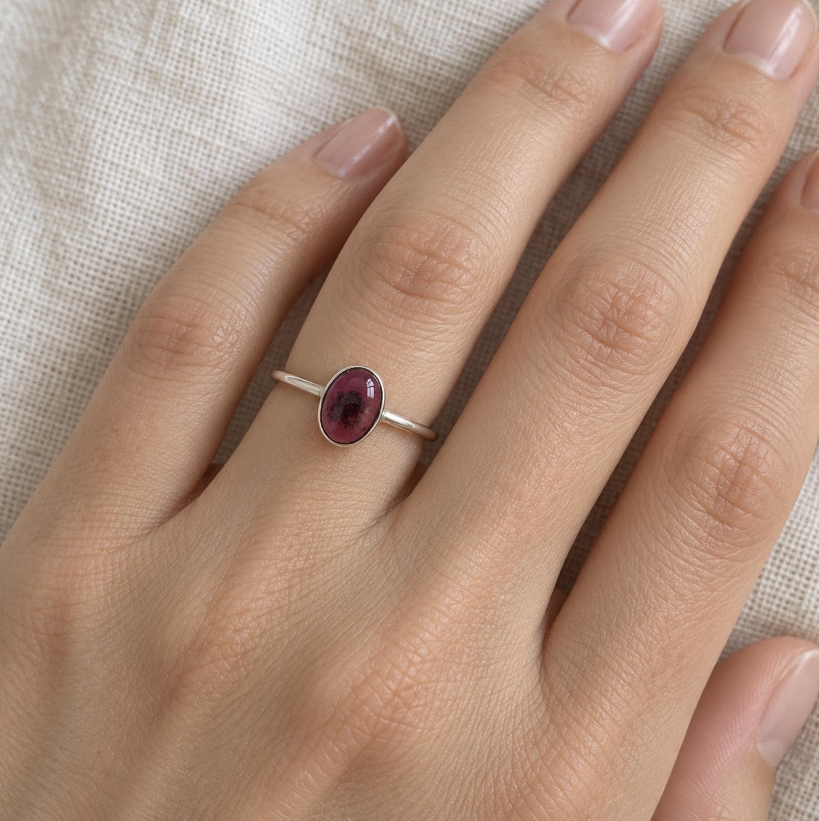 Red Garnet Oval Cabochon Sterling Silver Ring : January Birthstone Jewelry, worn view