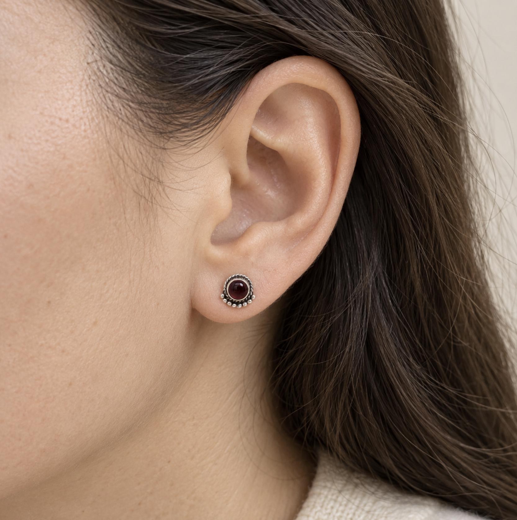 Garnet Stud Earrings Sterling Silver Earrings : January Birthstone, worn view