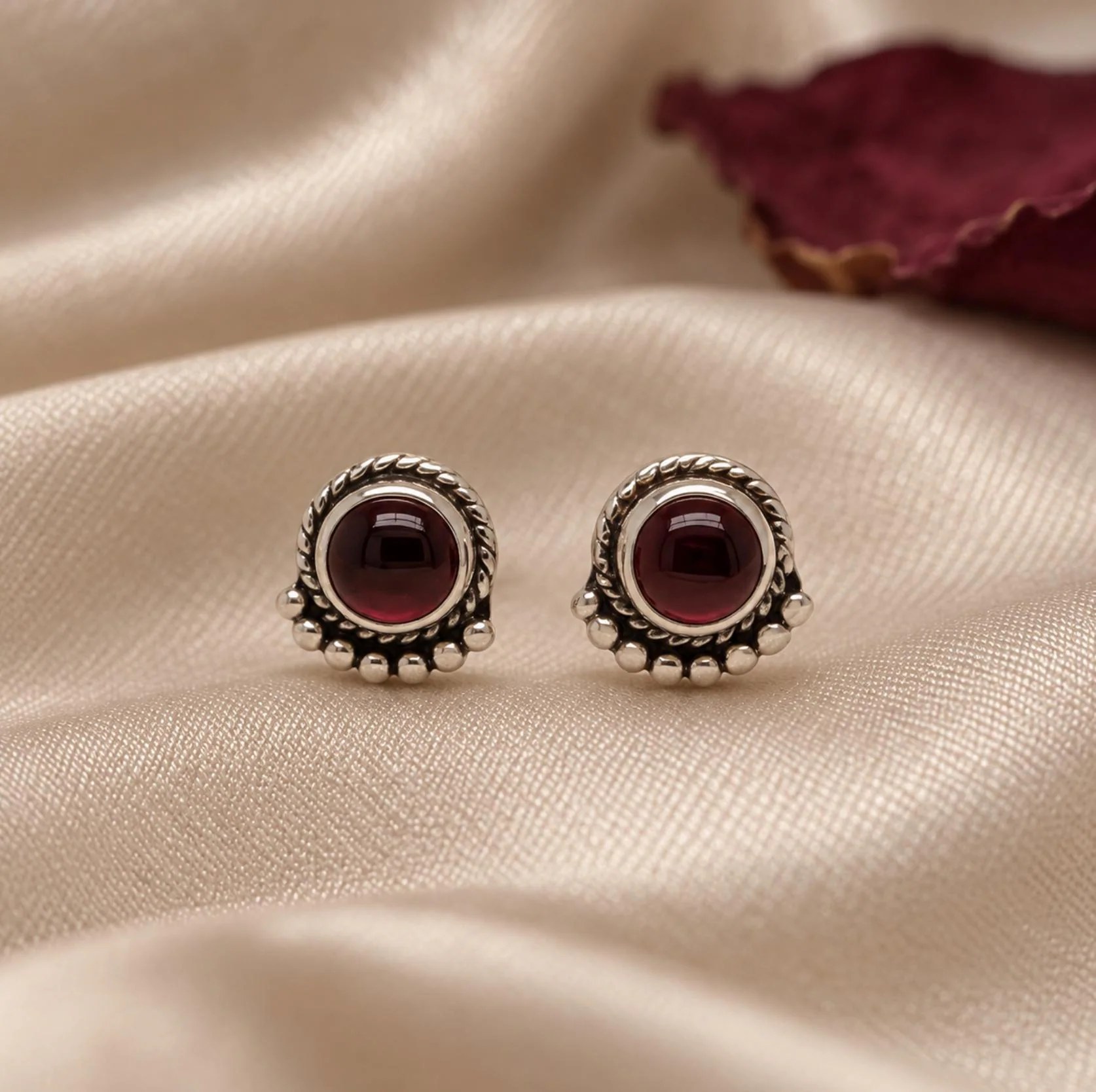 Garnet Stud Earrings Sterling Silver Earrings : January Birthstone