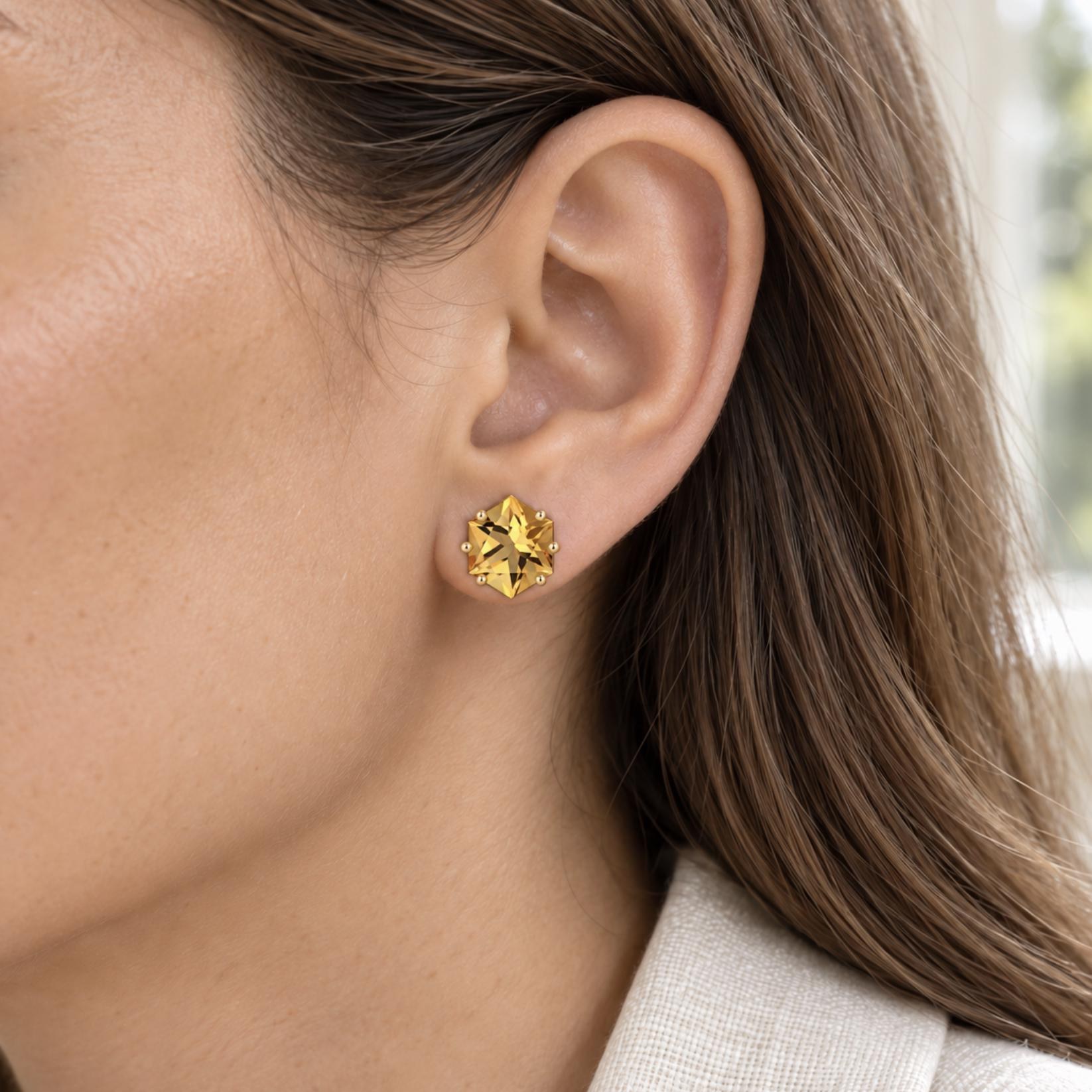 Citrine Hexagon Stud Earrings Solid 14k Gold : November Birthstone Jewelry, worn view