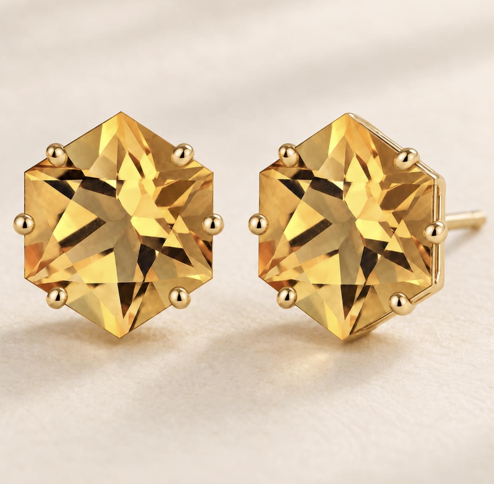 Citrine Hexagon Stud Earrings Solid 14k Gold : November Birthstone Jewelry