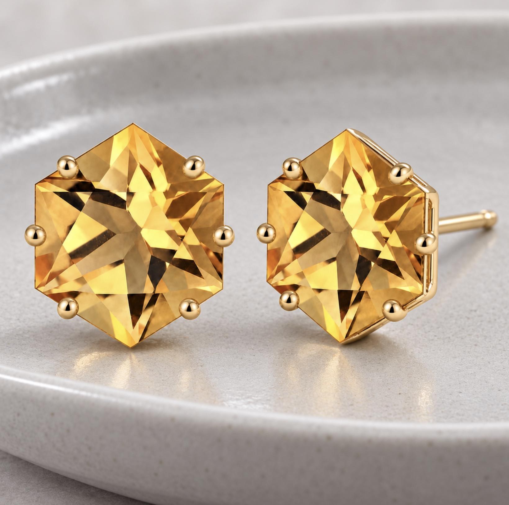 Citrine Hexagon Stud Earrings Solid 14k Gold : November Birthstone Jewelry, detail view