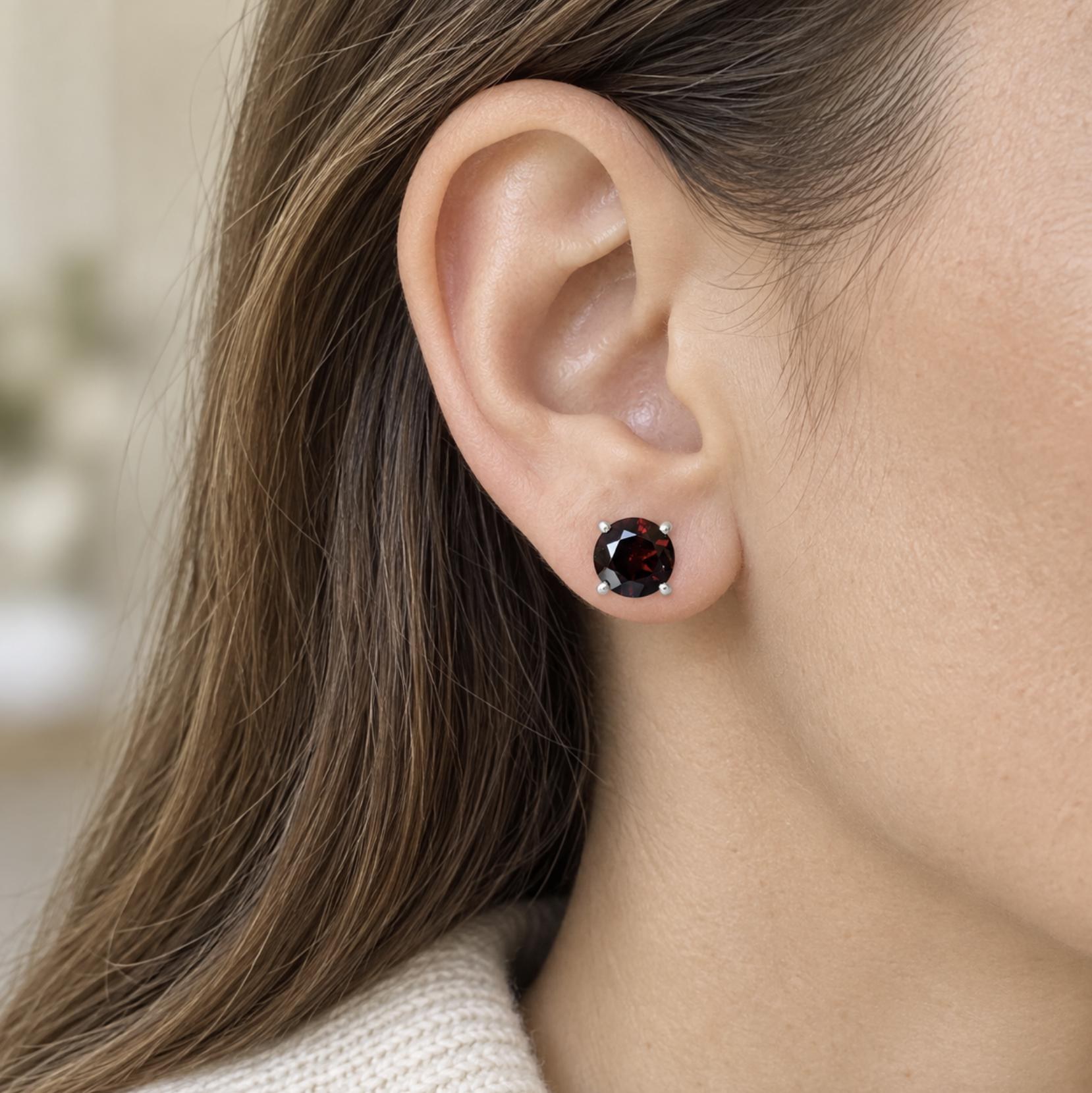 Round Garnet Stud Earrings Sterling Silver : January Birthstone, worn view