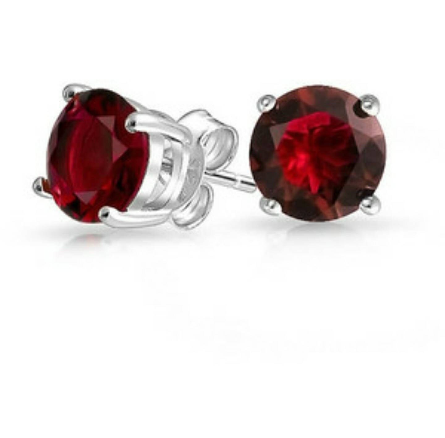 Round Garnet Stud Earrings Sterling Silver : January Birthstone, detail view