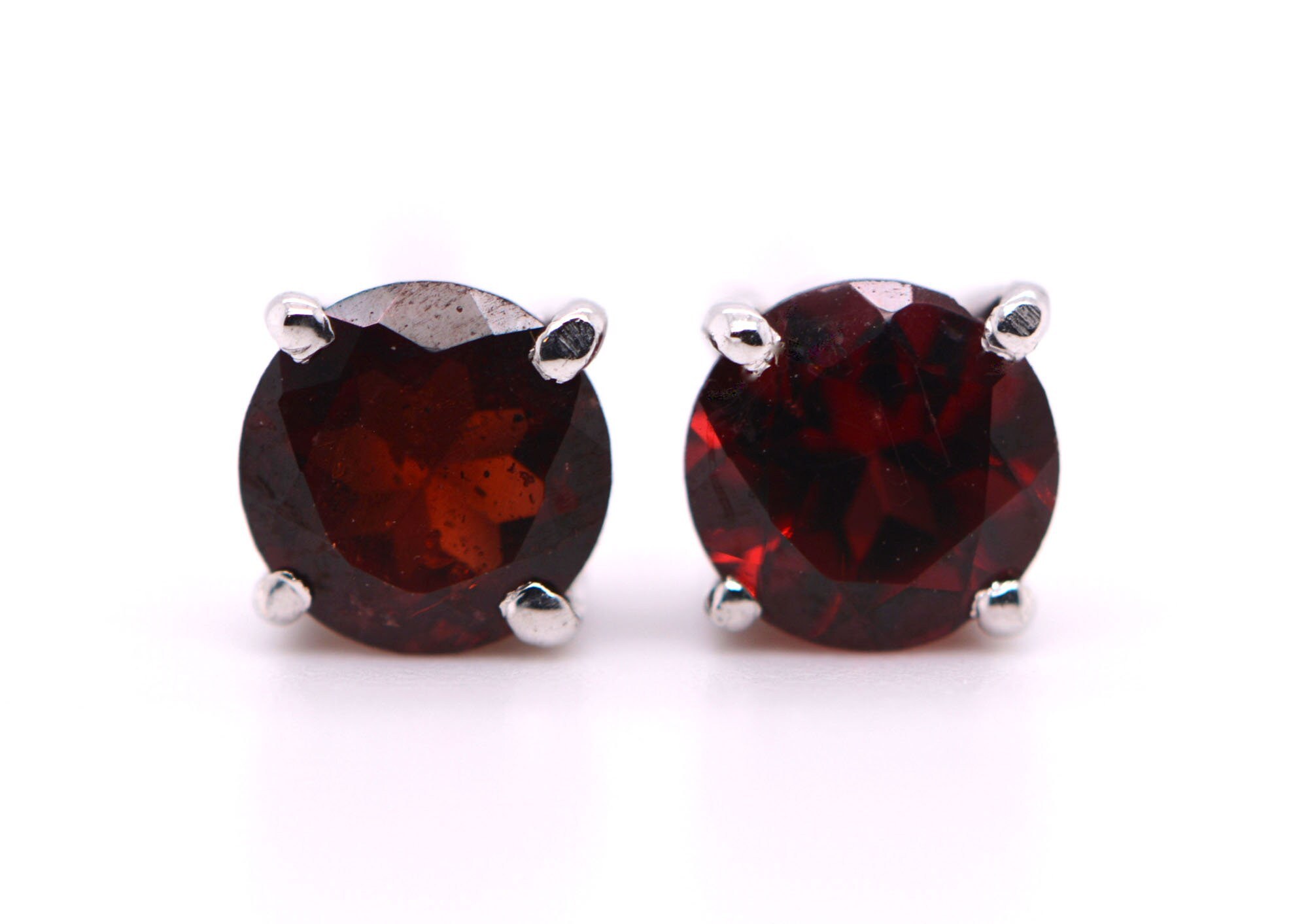 Round Garnet Stud Earrings Sterling Silver : January Birthstone