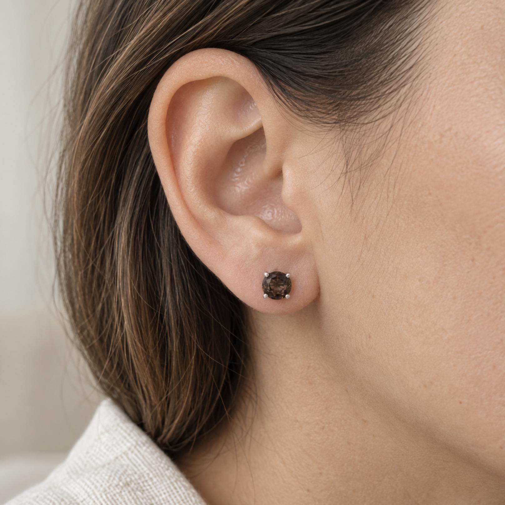 Smoky Quartz Round Stud Earrings 6mm : Scorpio Birthstone Jewelry, worn view