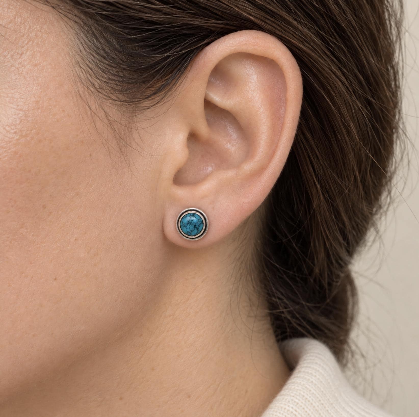 Turquoise Stud Earrings Sterling Silver : December Birthstone Jewelry, worn view