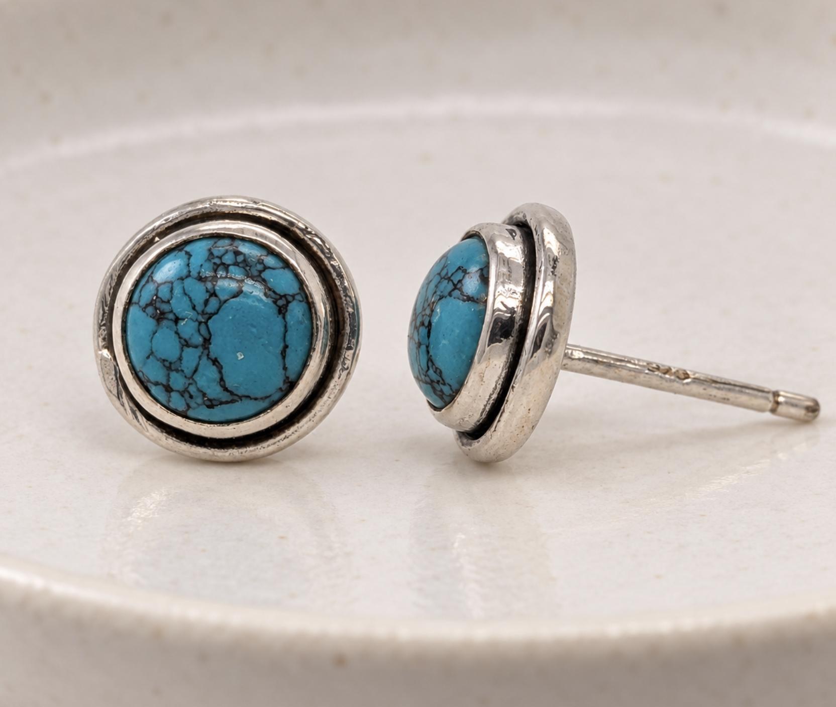 Turquoise Stud Earrings Sterling Silver : December Birthstone Jewelry, detail view