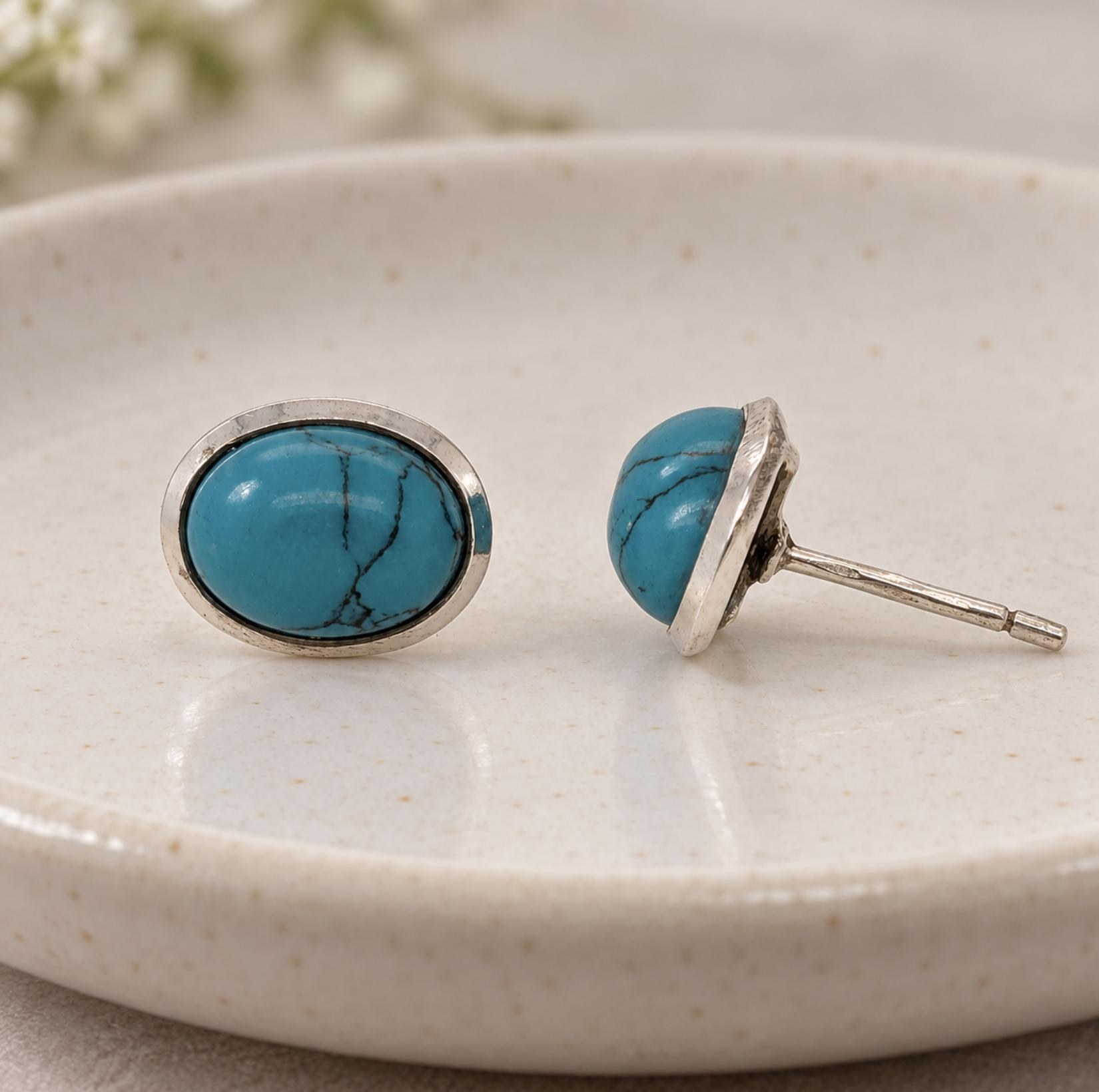 Turquoise Oval Stud Earrings Sterling Silver : December Birthstone Jewelry, detail view