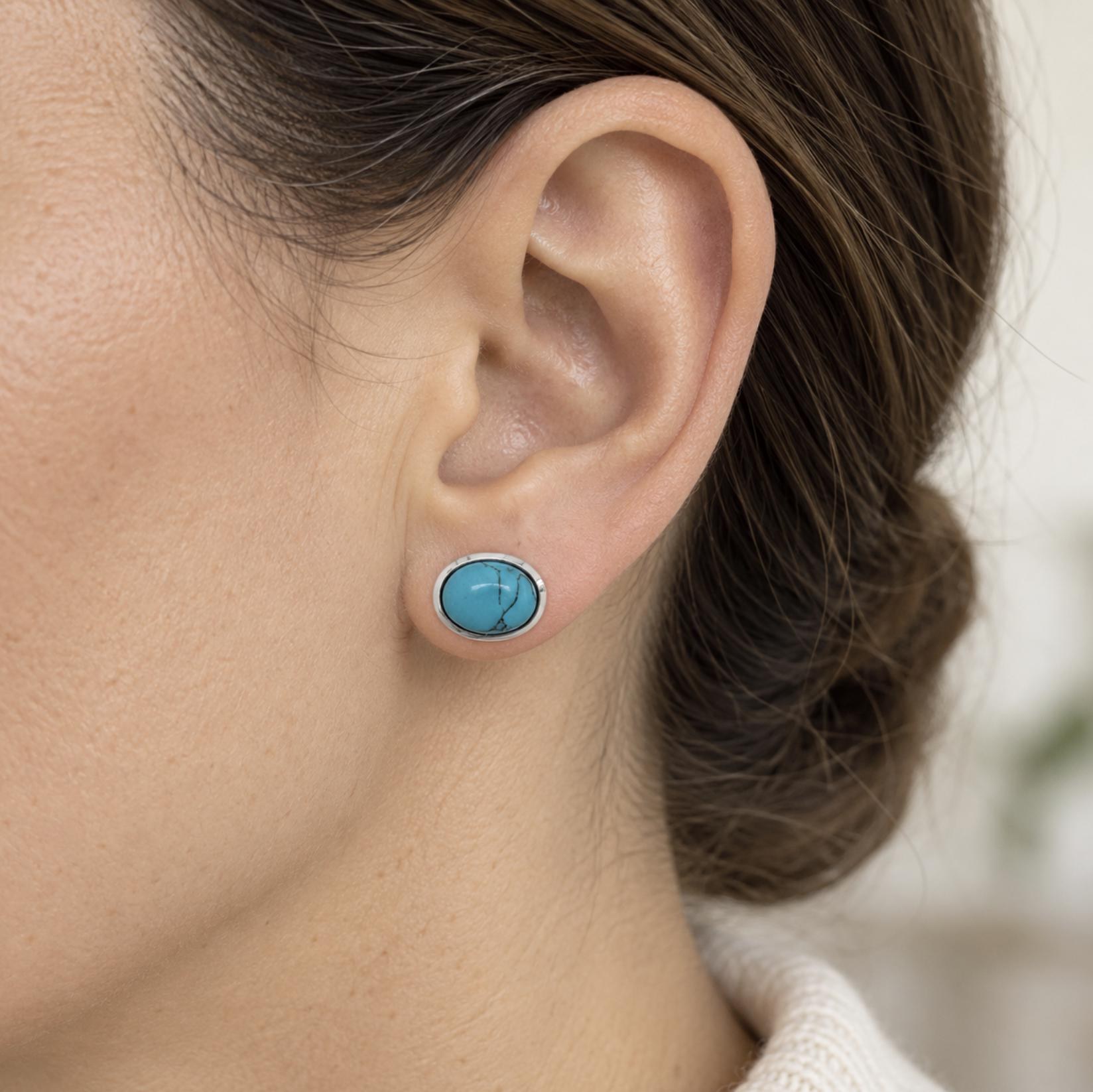 Turquoise Oval Stud Earrings Sterling Silver : December Birthstone Jewelry, worn view