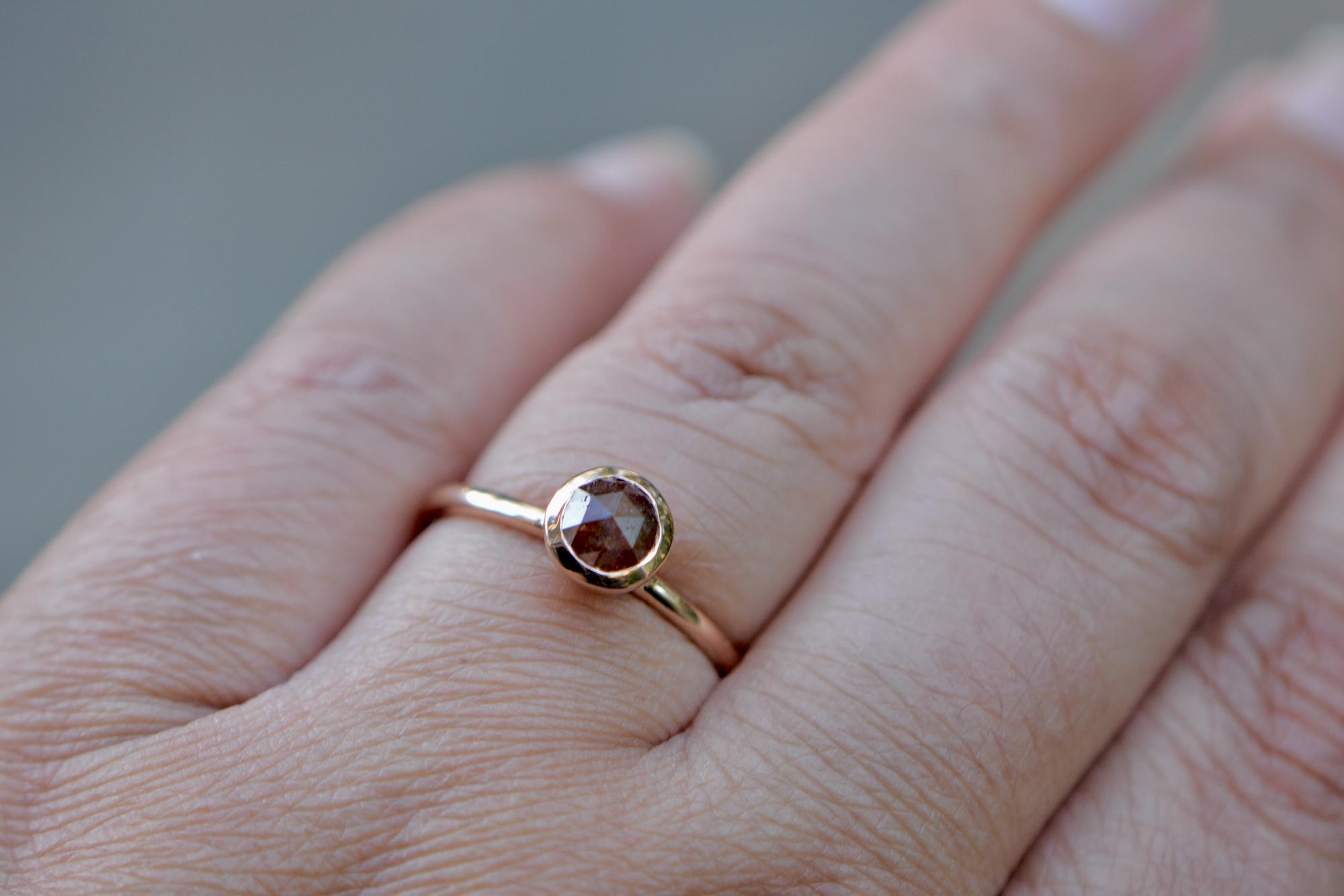 Red Diamond Bezel Solitaire 14k Rose Gold Ring : Stackable April Birthstone Ring, worn view