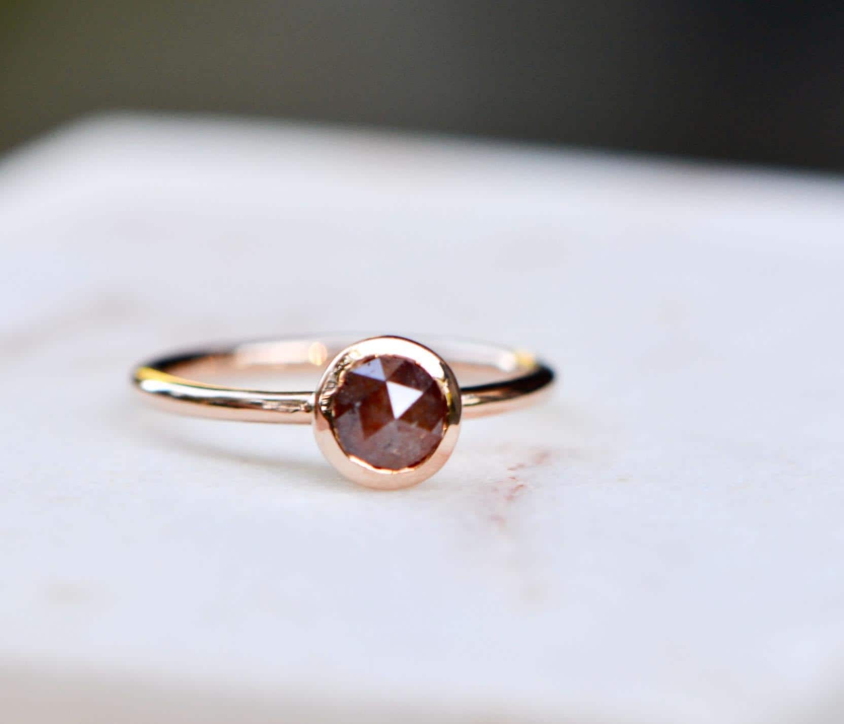 Red Diamond Bezel Solitaire 14k Rose Gold Ring : Stackable April Birthstone Ring