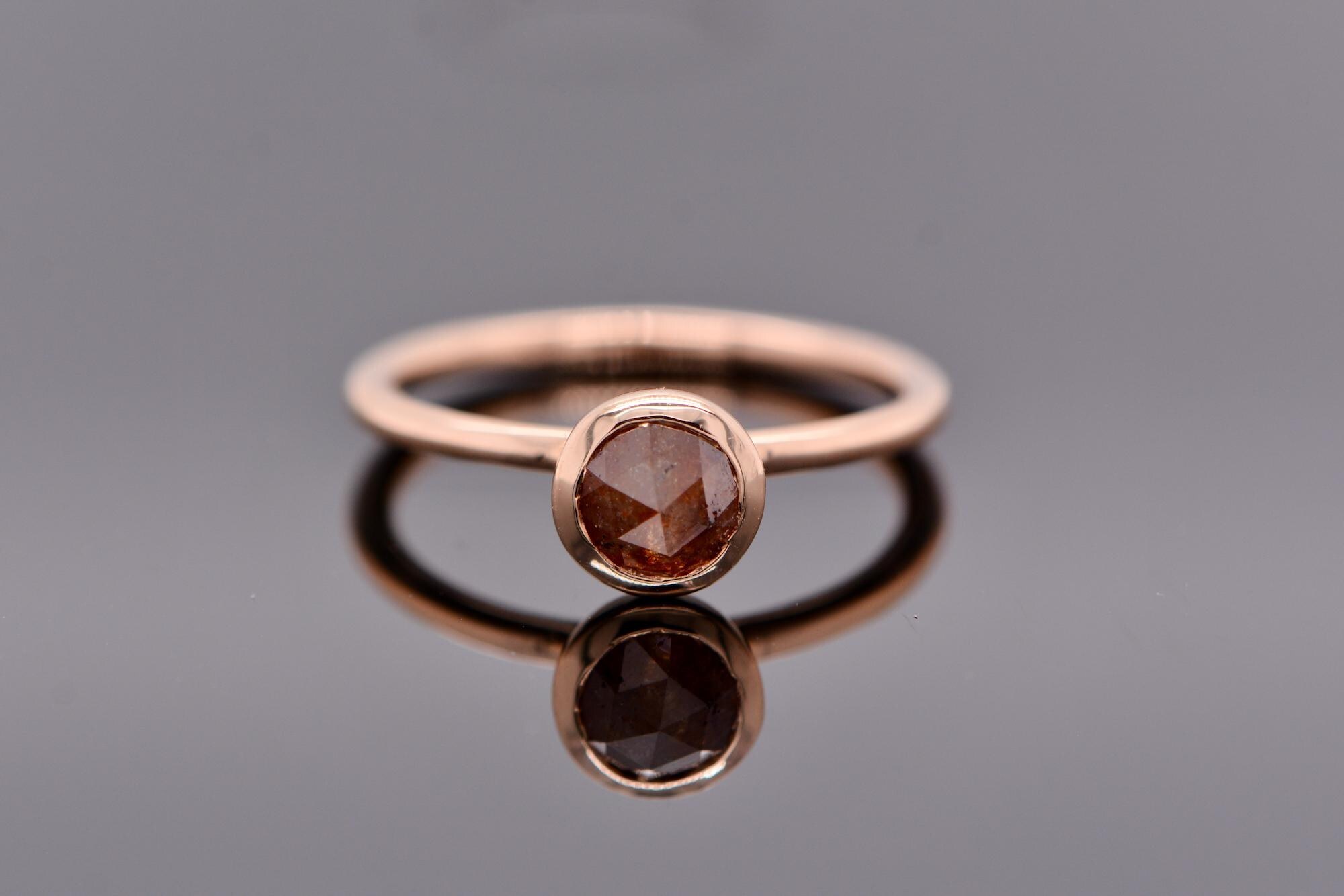 Red Diamond Bezel Solitaire 14k Rose Gold Ring : Stackable April Birthstone Ring, detail view