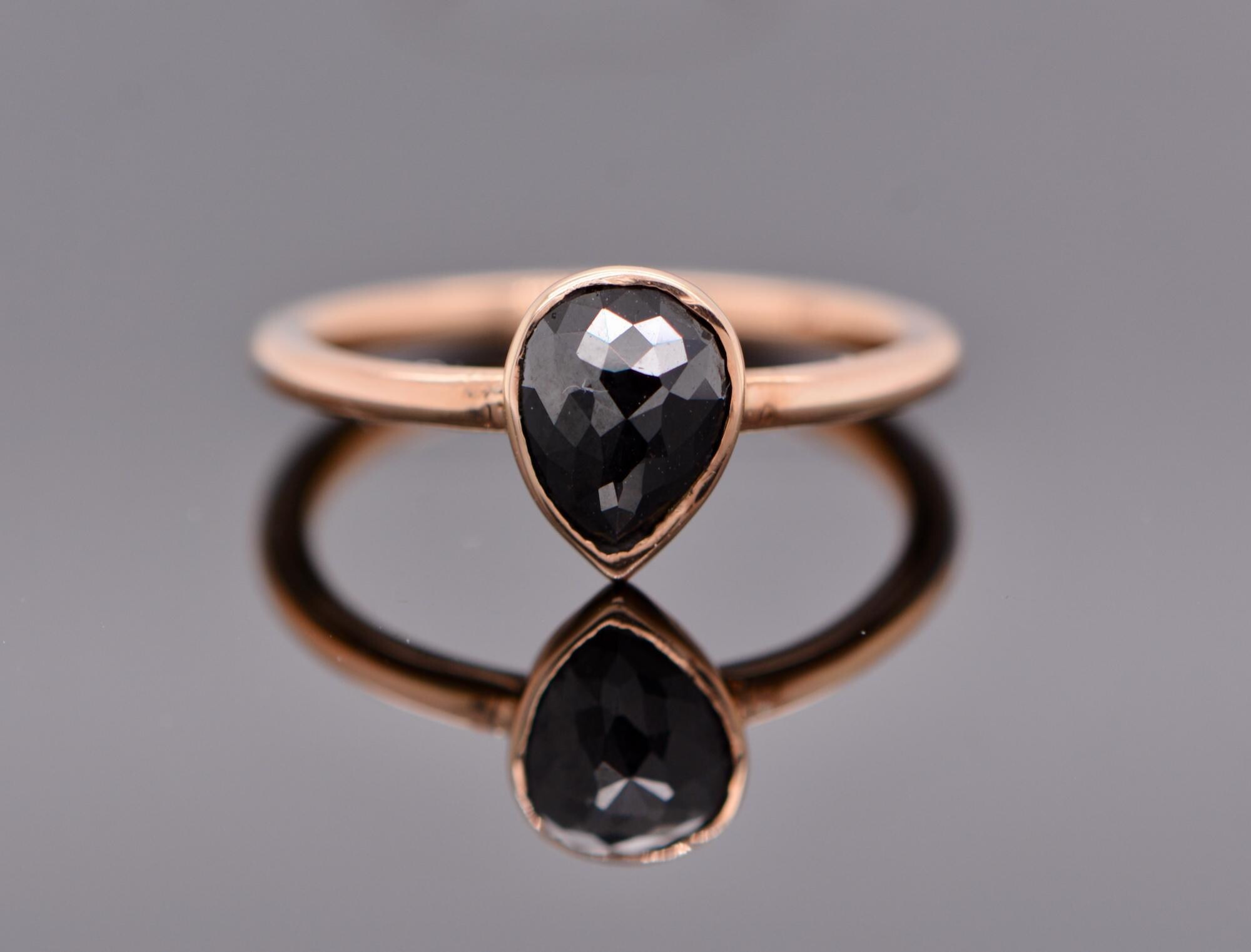 Teardrop Rose Cut Black Diamond Solitaire Bezel Ring in Solid 14k Rose Gold : April Birthstone, detail view