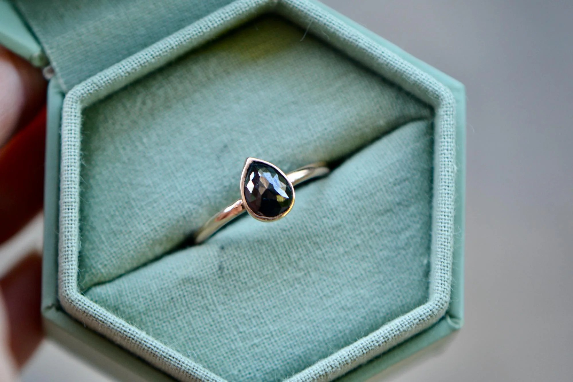 Teardrop Rose Cut Black Diamond Solitaire Bezel Ring in Solid 14k Rose Gold : April Birthstone