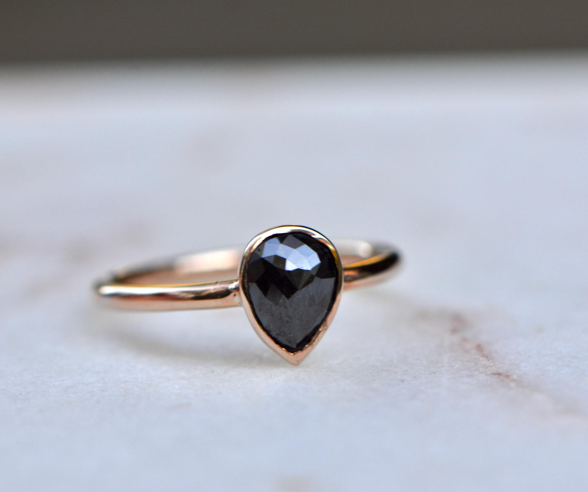 Teardrop Rose Cut Black Diamond Solitaire Bezel Ring in Solid 14k Rose Gold : April Birthstone, detail view