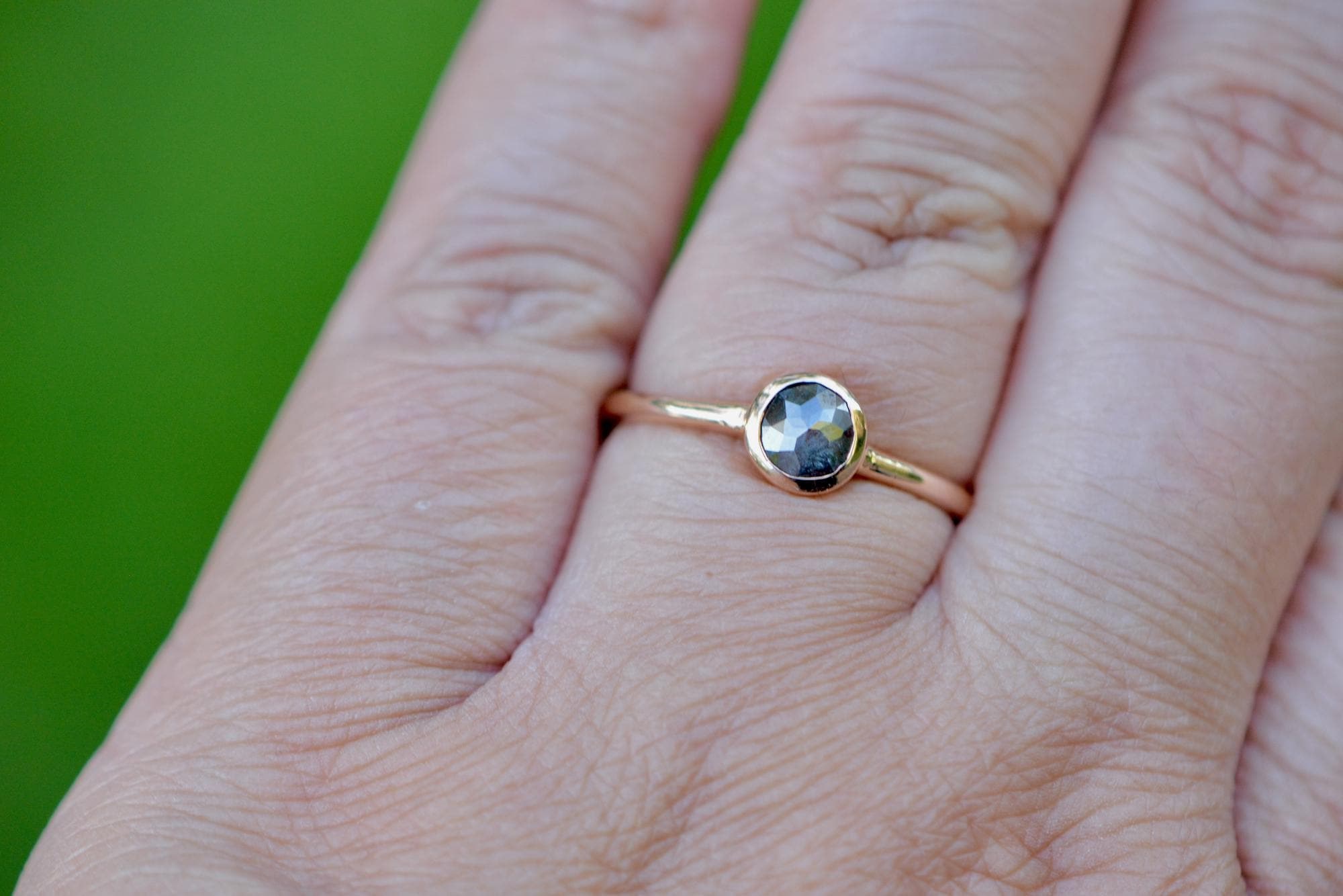 Salt Pepper Rose Cut Diamond Engagement Ring, 14k Rose Gold Bezel Set, worn view