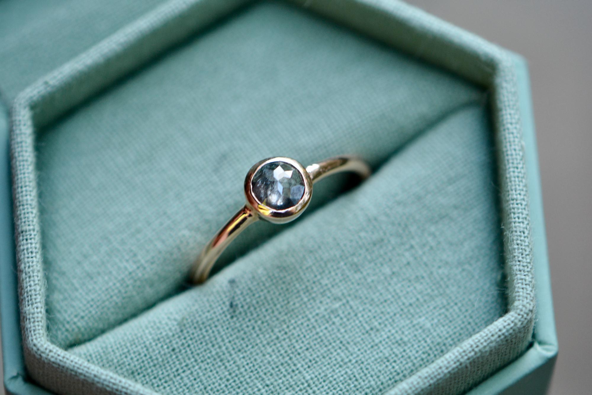Salt Pepper Rose Cut Diamond Engagement Ring, 14k Rose Gold Bezel Set, detail view