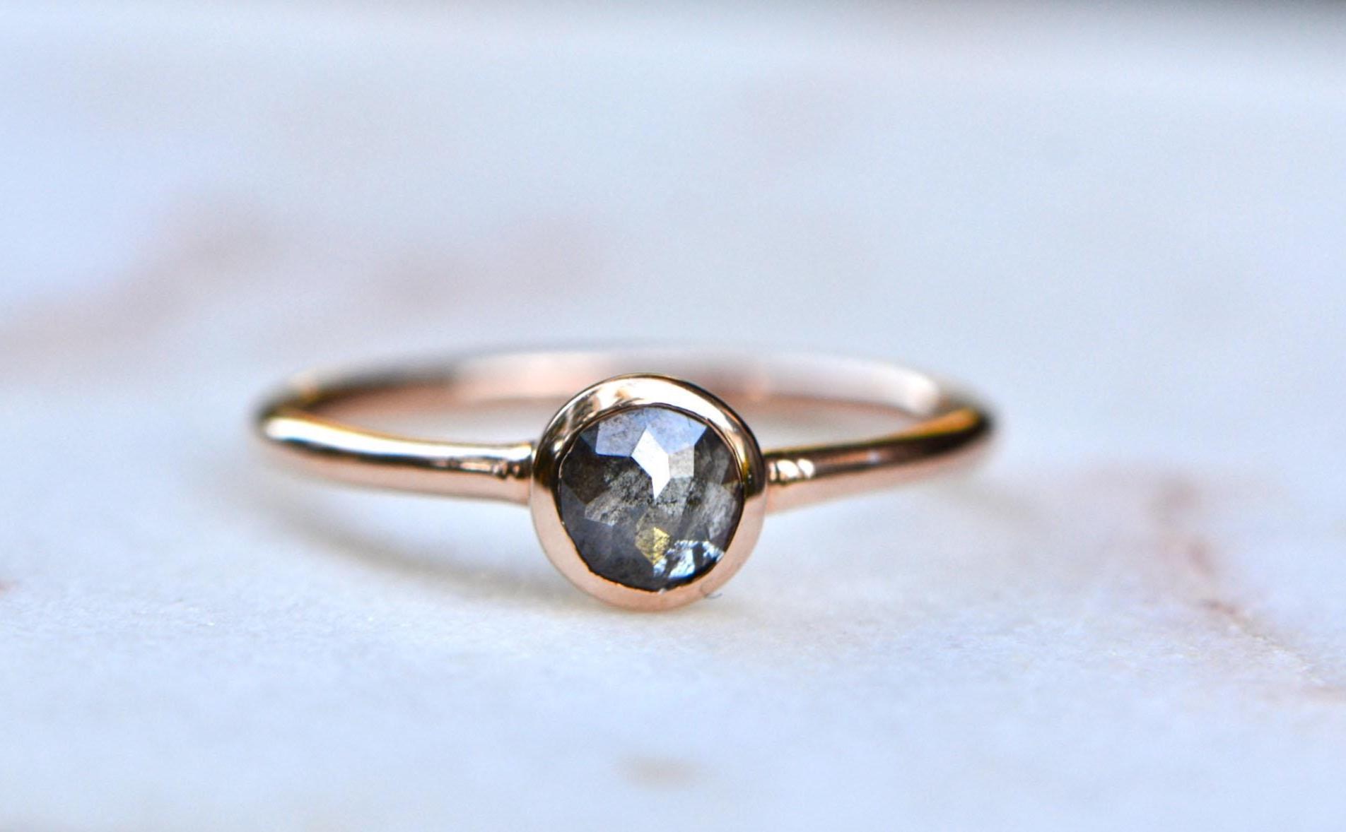 Salt Pepper Rose Cut Diamond Engagement Ring, 14k Rose Gold Bezel Set