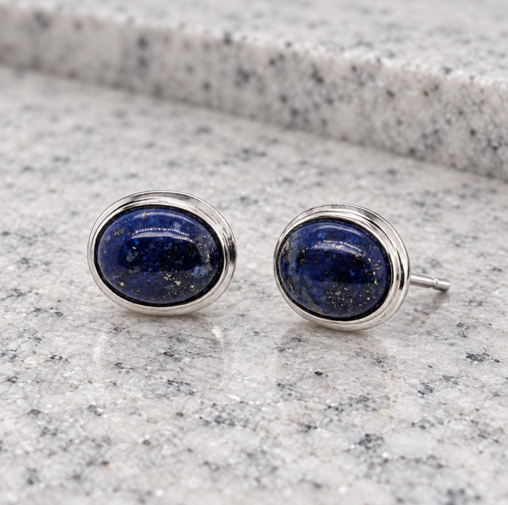 Lapis Lazuli Oval Stud Earrings in Sterling Silver : December Birthstone Jewelry, detail view
