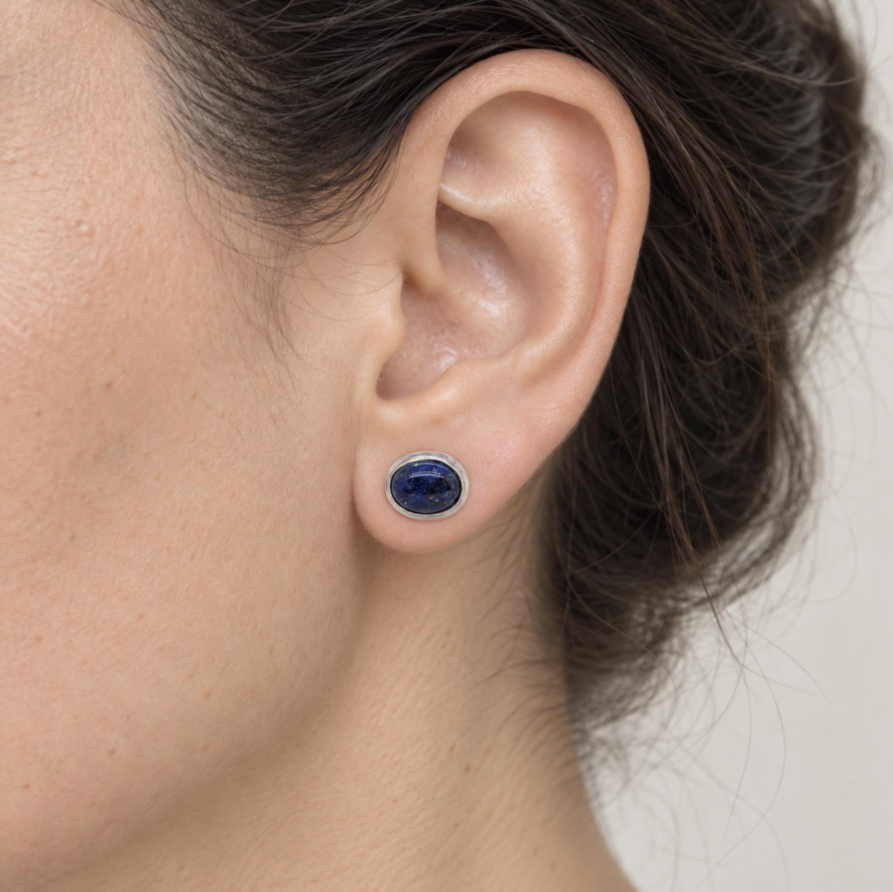 Lapis Lazuli Oval Stud Earrings in Sterling Silver : December Birthstone Jewelry, worn view